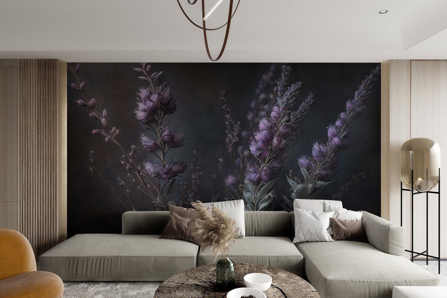 Dark botanical wall mural with soft lavender blooms
