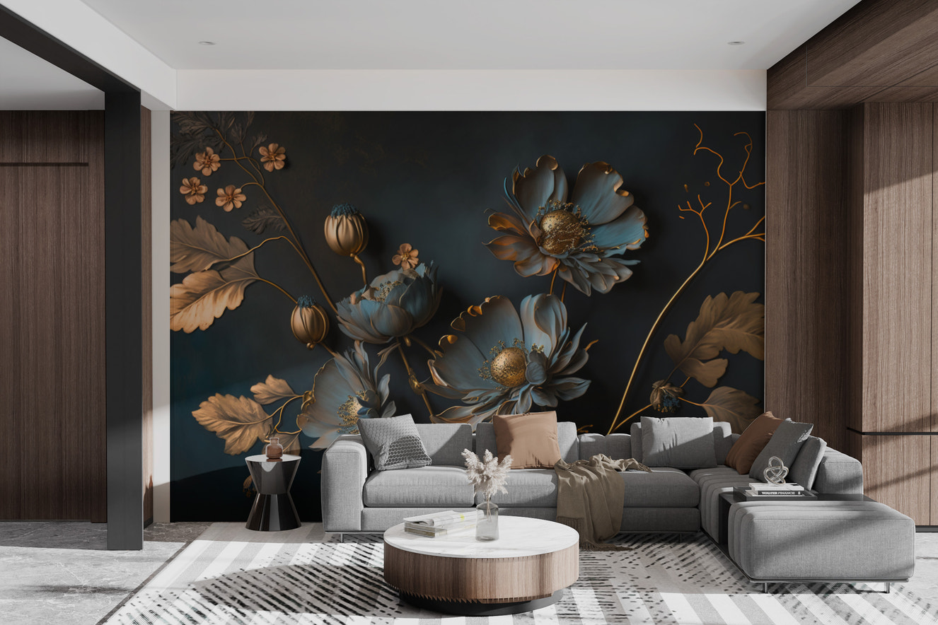 Gold and blue floral wallpaper with deep tones
