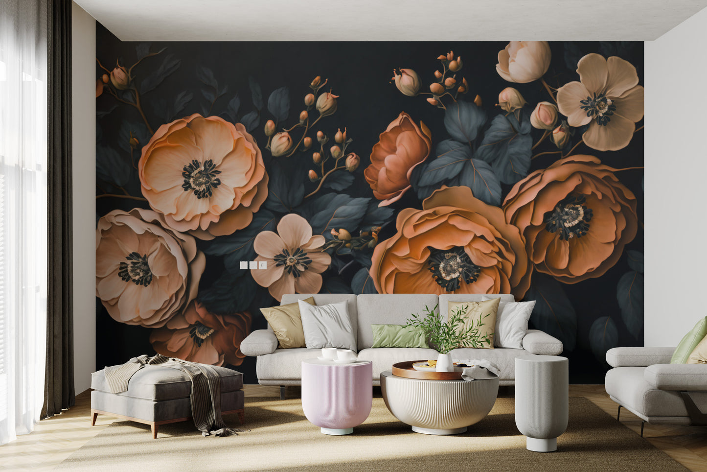 Moody bloom wall mural with elegant peonies
