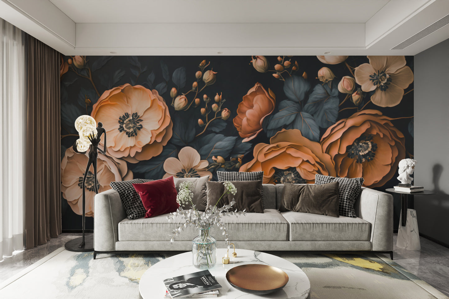 Hand-painted vintage flower mural with deep colors
