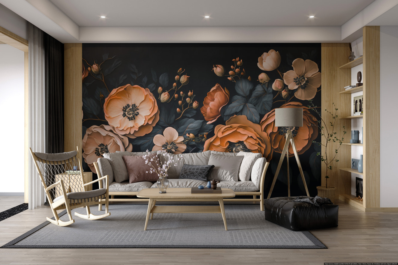 Dark botanical wall mural with golden peonies
