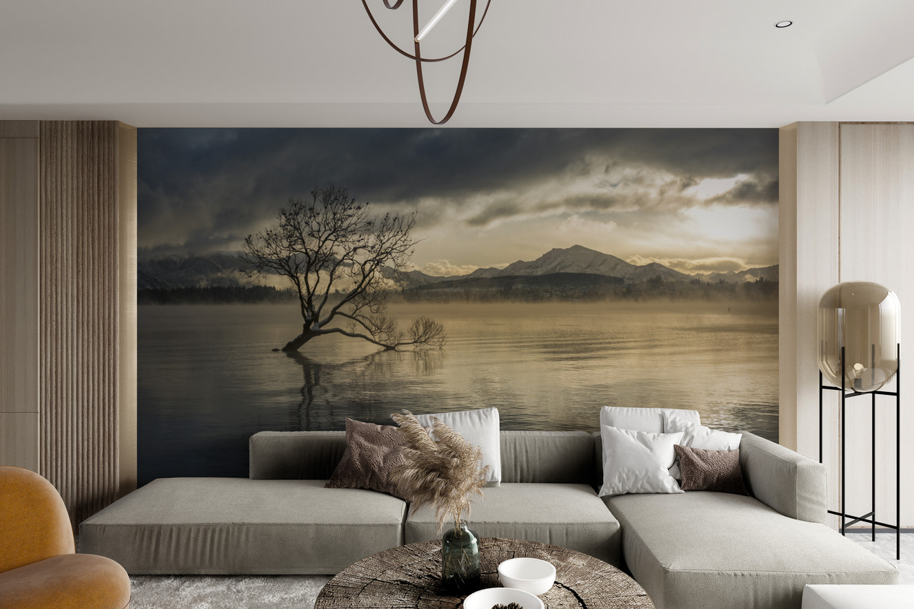 Serene landscape wall mural with golden hour glow
