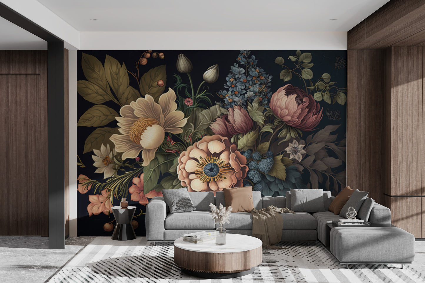 Hand-painted floral mural with vintage charm
