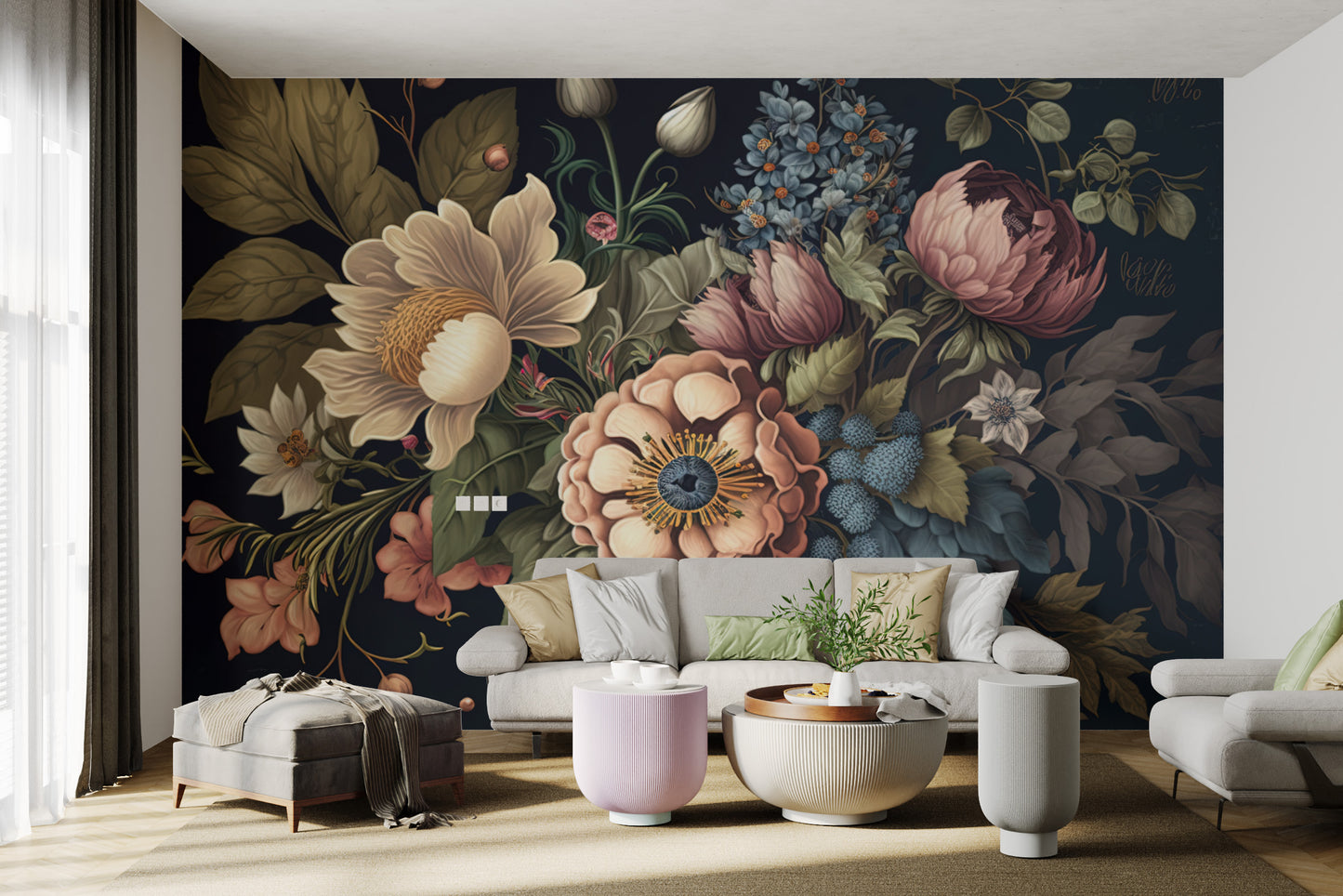 Romantic floral accent wall with rich textures
