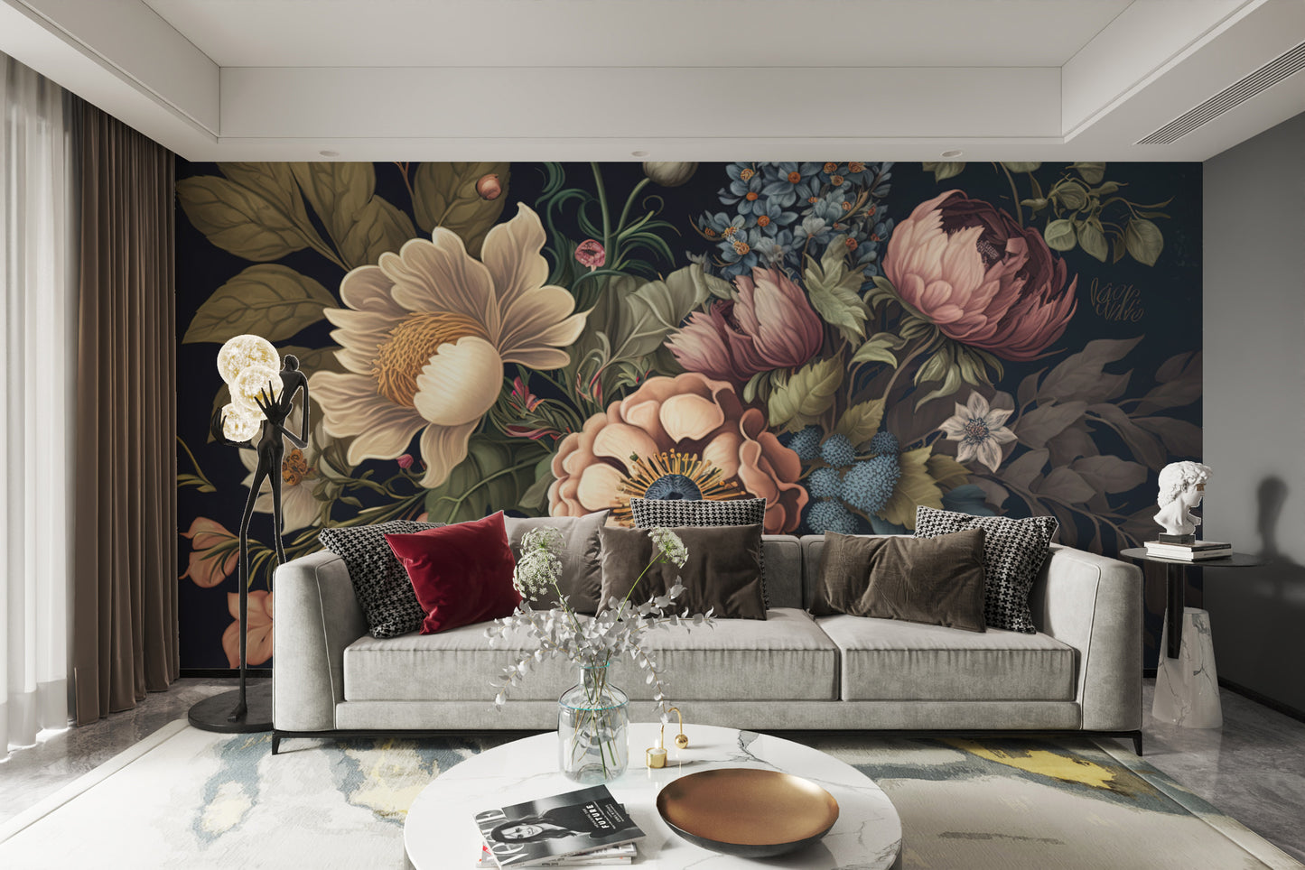 Sophisticated botanical wall design with muted tones
