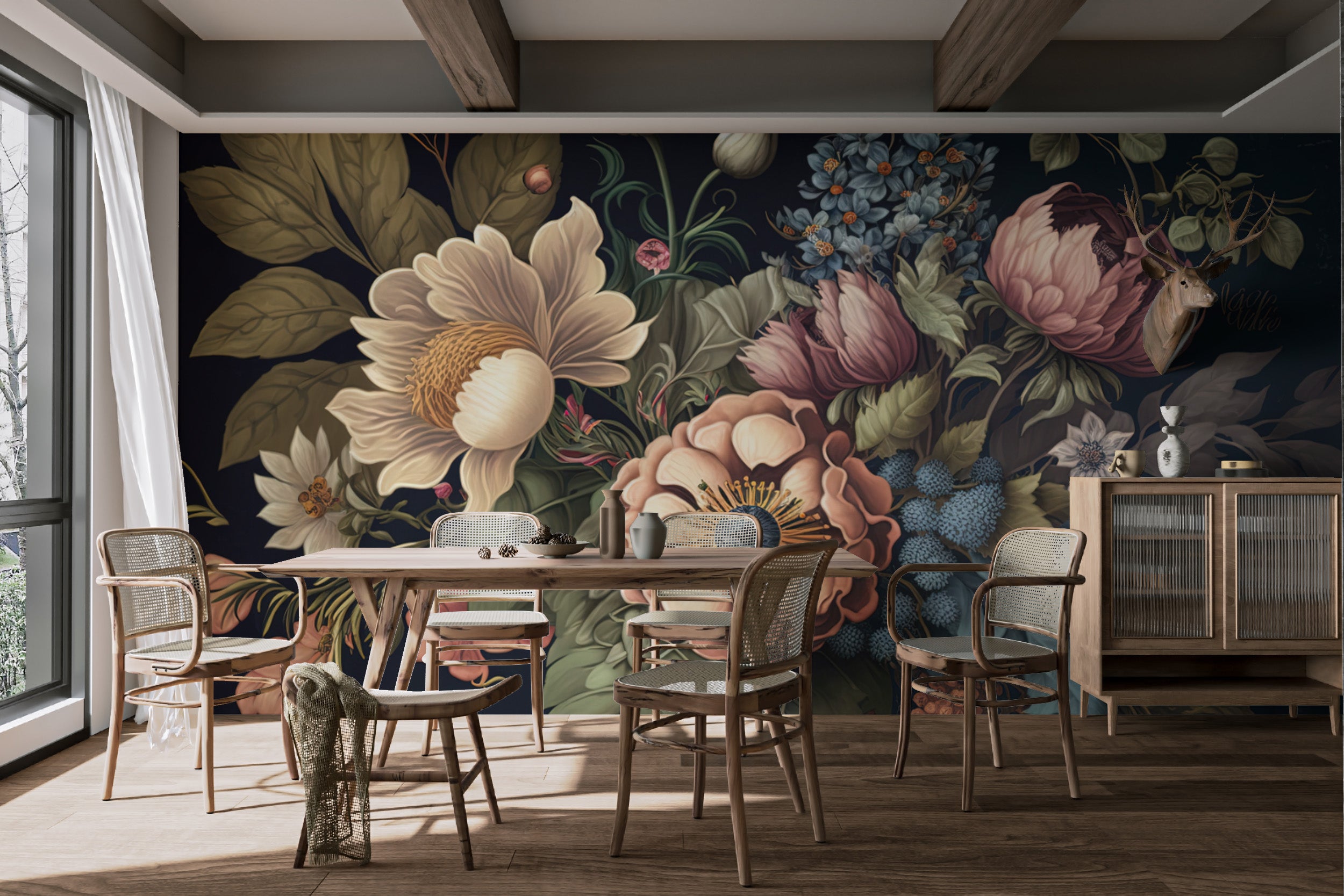 Luxury botanical wall mural with deep tones
