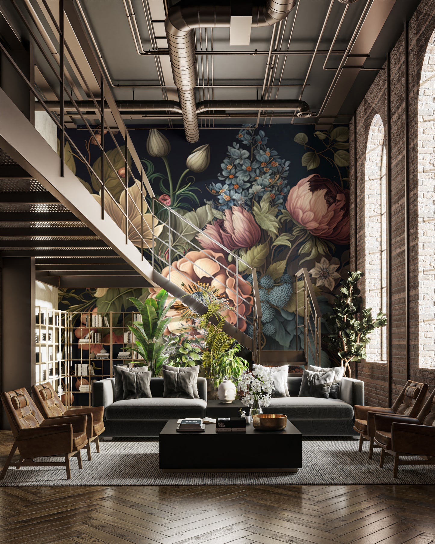 Moody bloom wall mural with lush foliage
