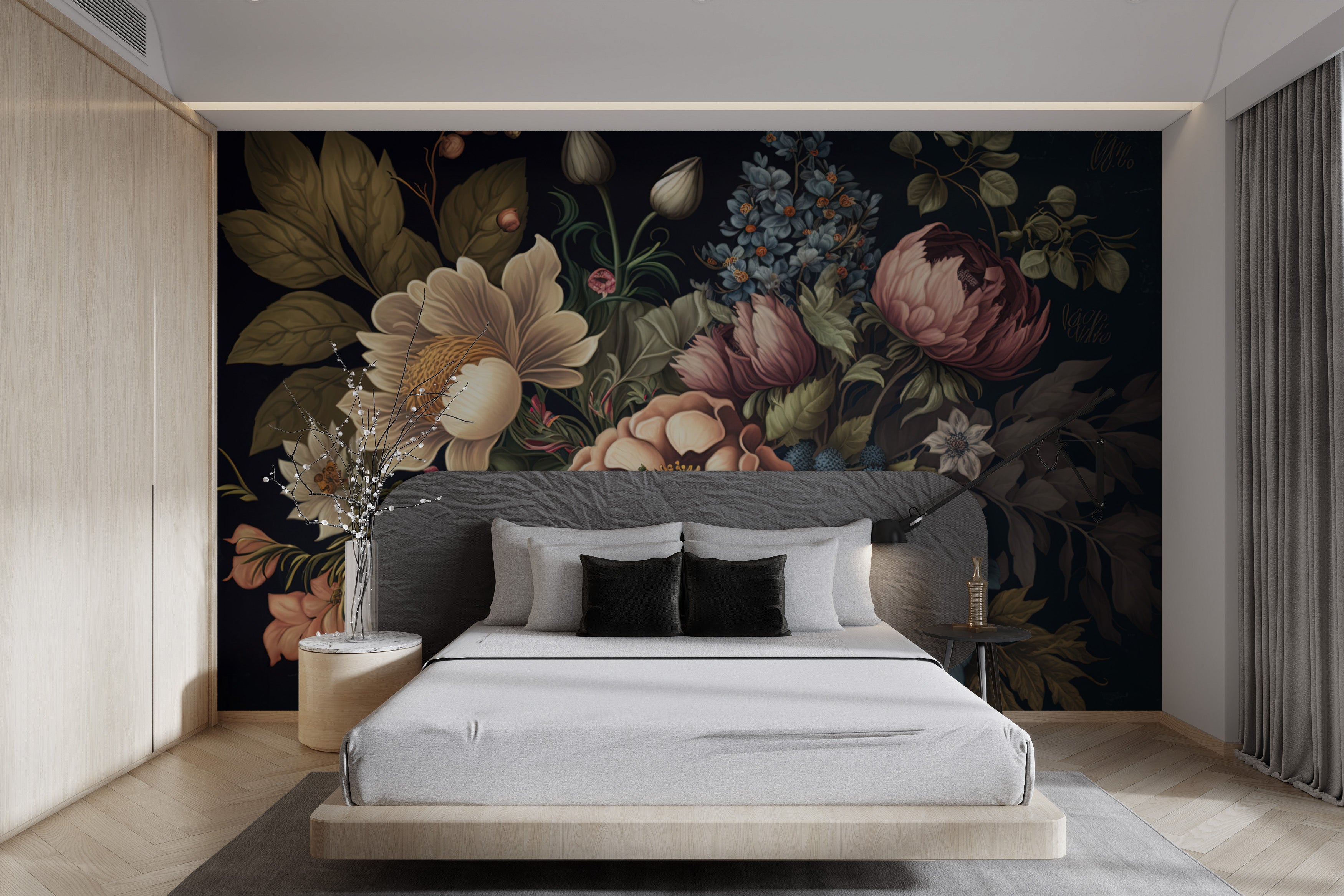 Baroque-inspired floral wallpaper with classic details
