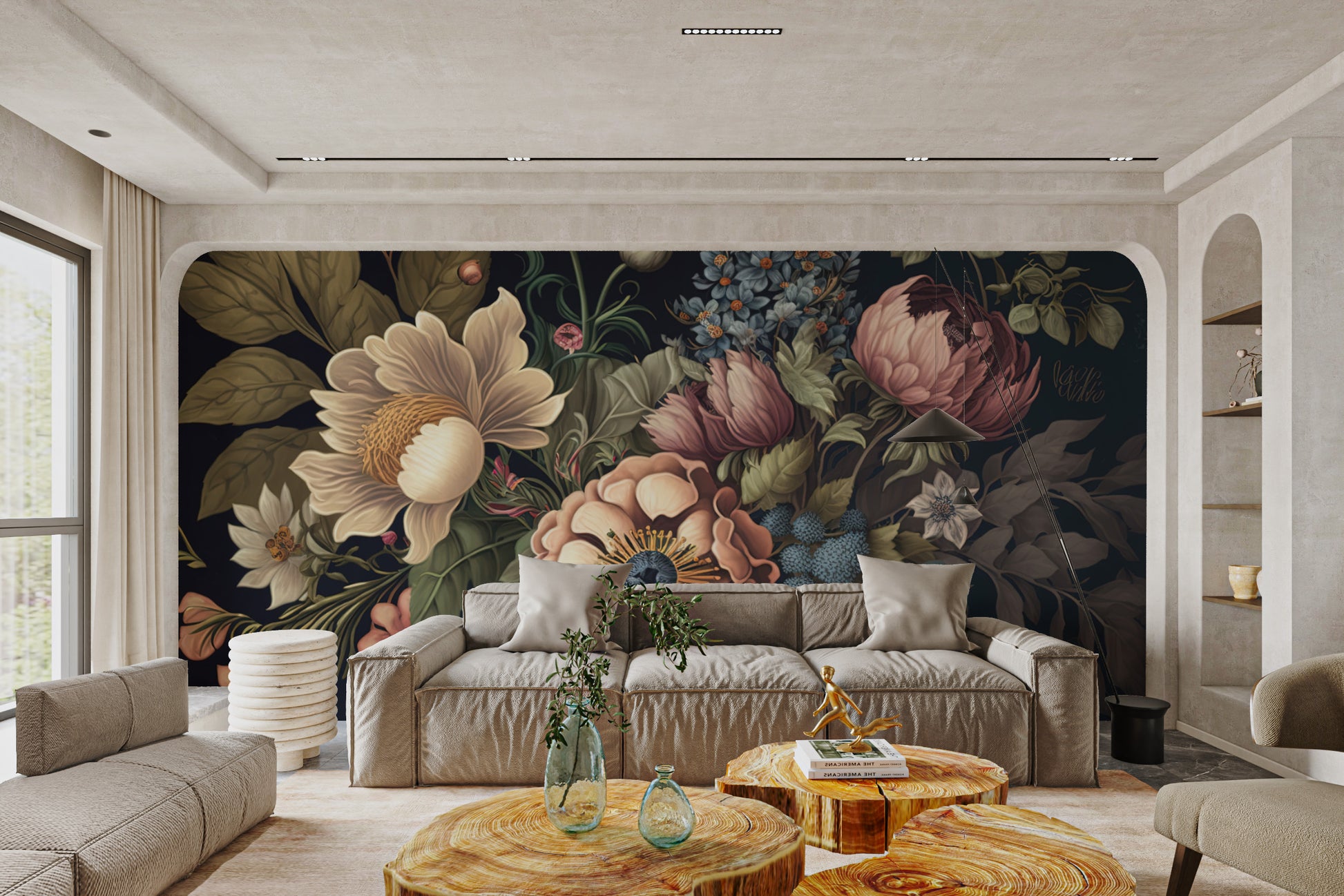 Deep-toned botanical wallpaper with intricate flowers
