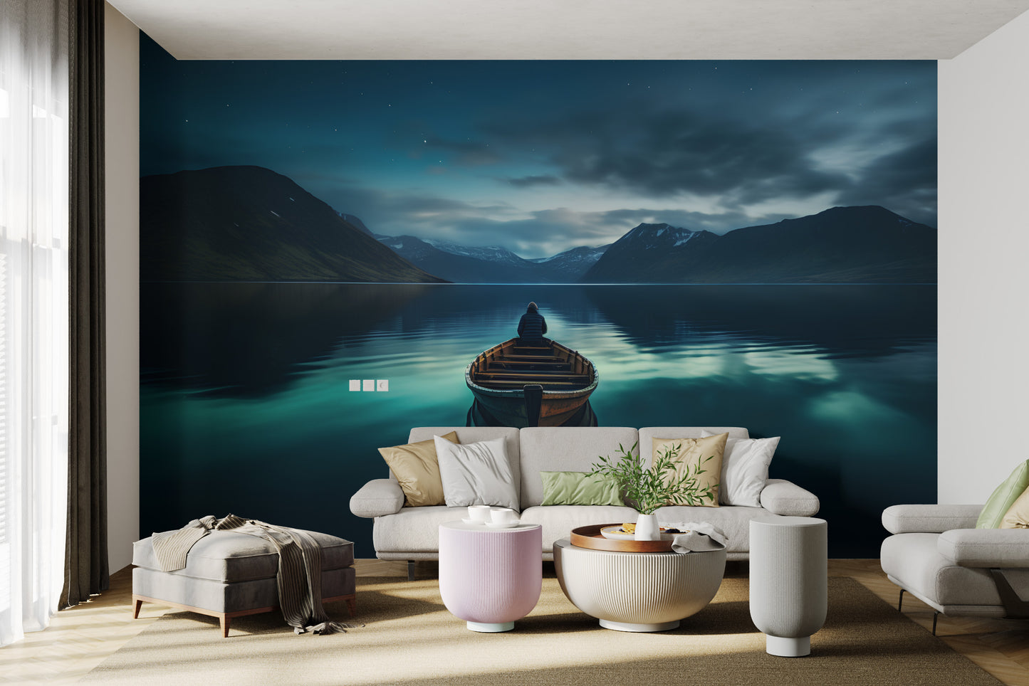 Starry night sky over a peaceful lake mural
