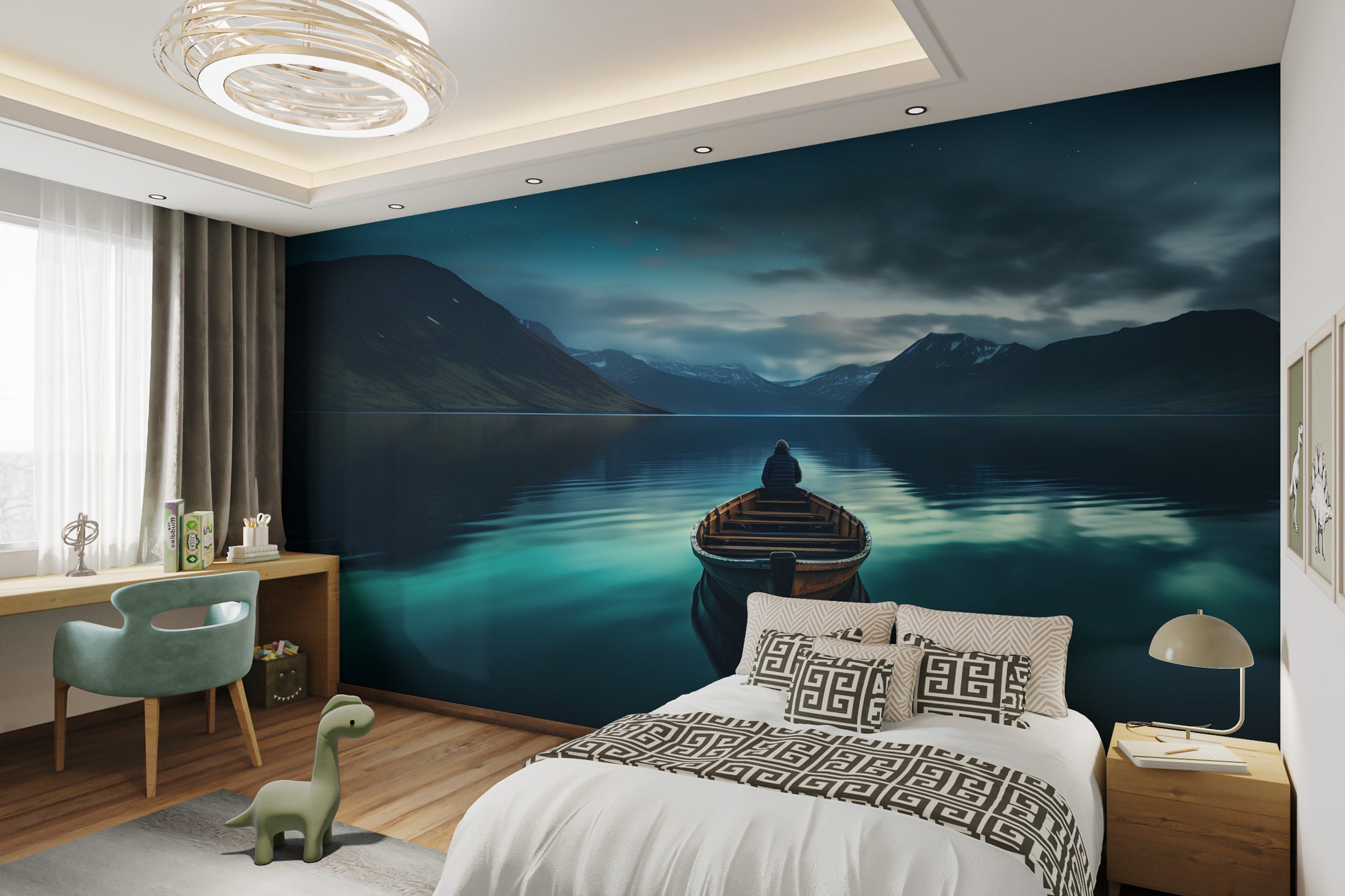 Dreamy landscape photography mural with calm waters
