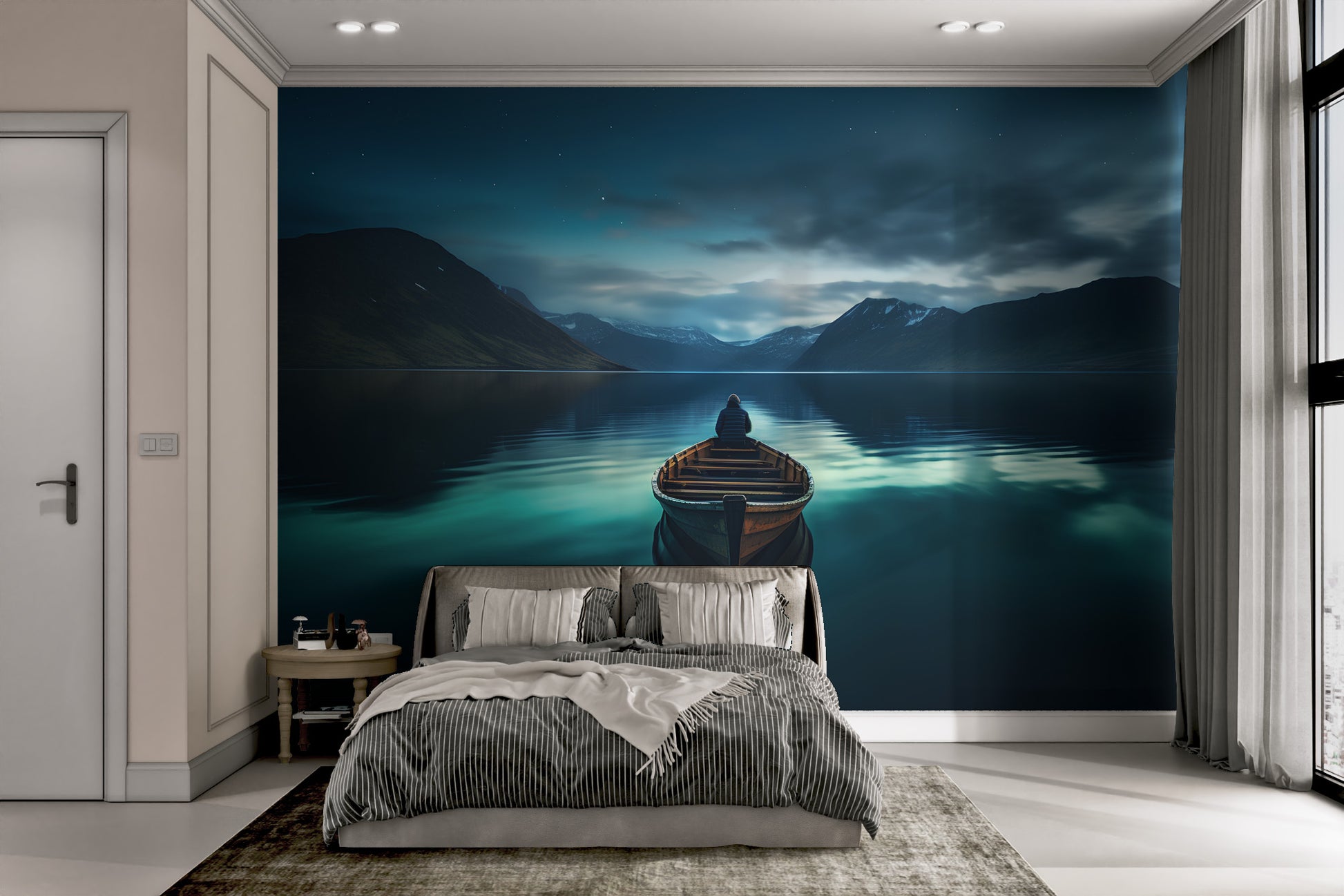 Nature-inspired scenic wall art with a boat view
