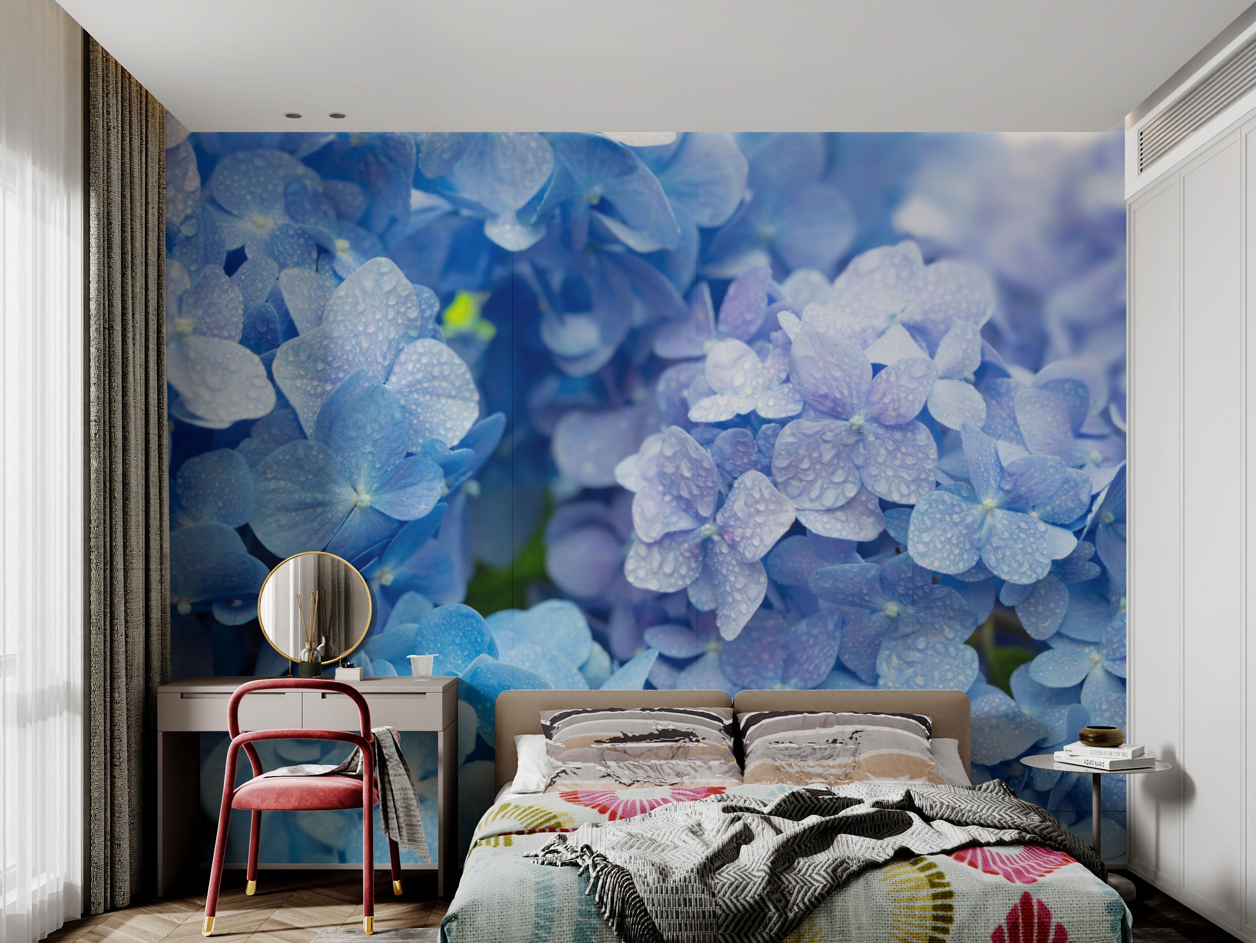 Nature-inspired botanical wallpaper with blue flowers
