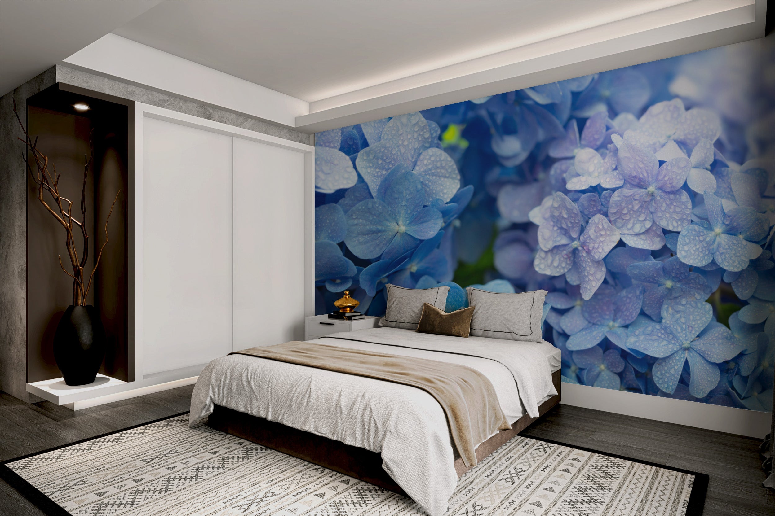 Floral bloom wall mural with fresh blue hues
