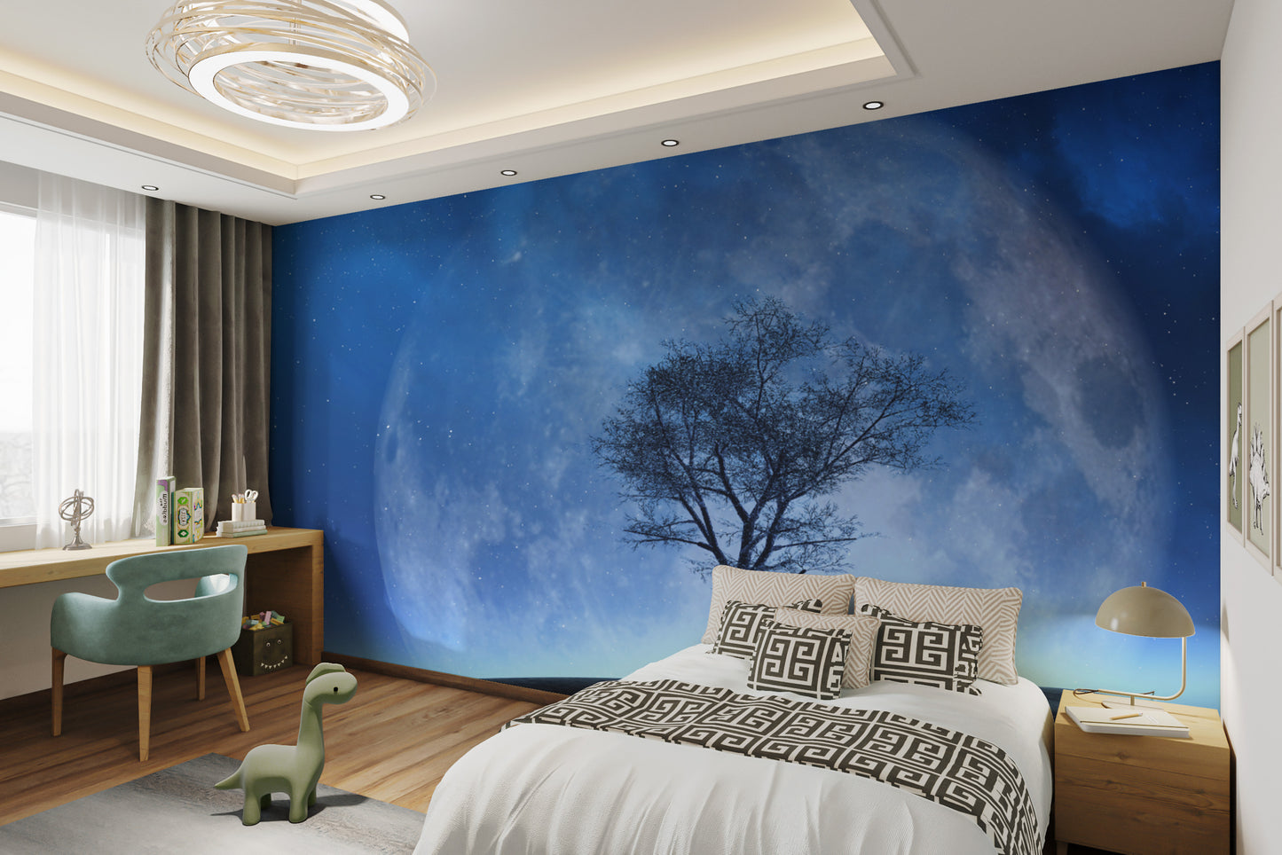 Ethereal lunar night mural with silhouetted tree
