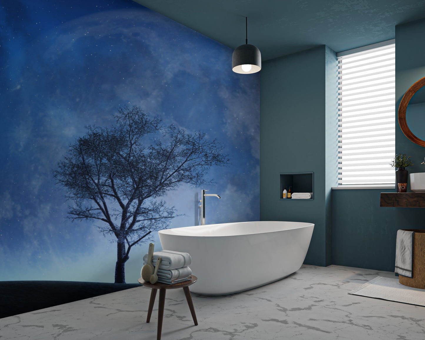 Celestial moonlit tree wallpaper with starry sky
