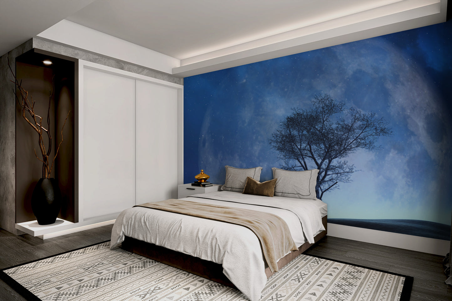 Fantasy night sky mural with glowing full moon
