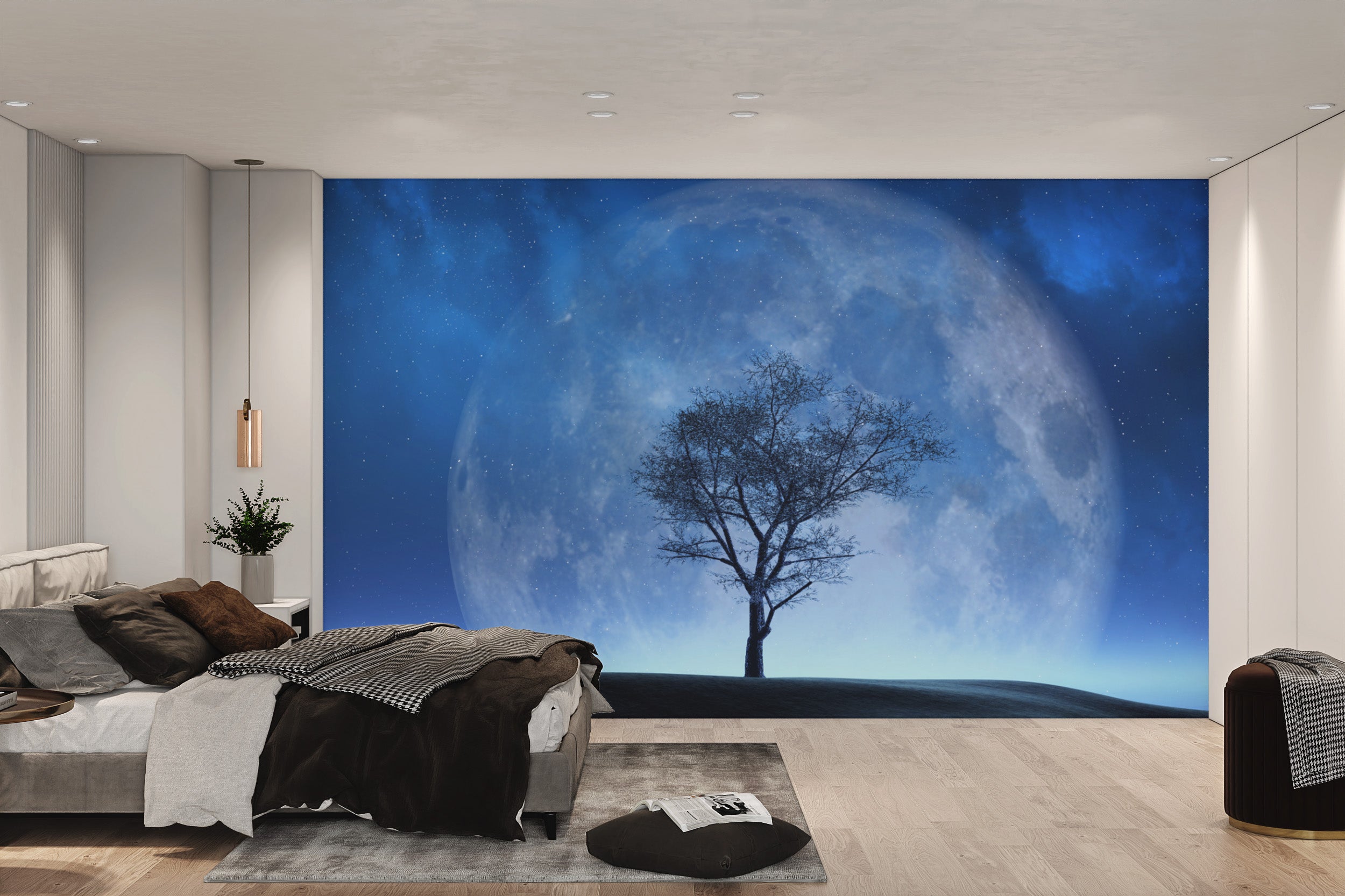 Lone tree under moon mural with deep blue hues
