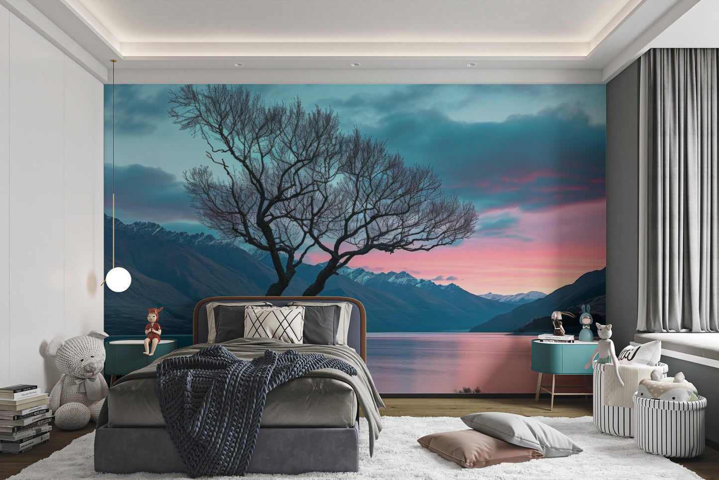 Dreamy sky and lake mural with sunset tones
