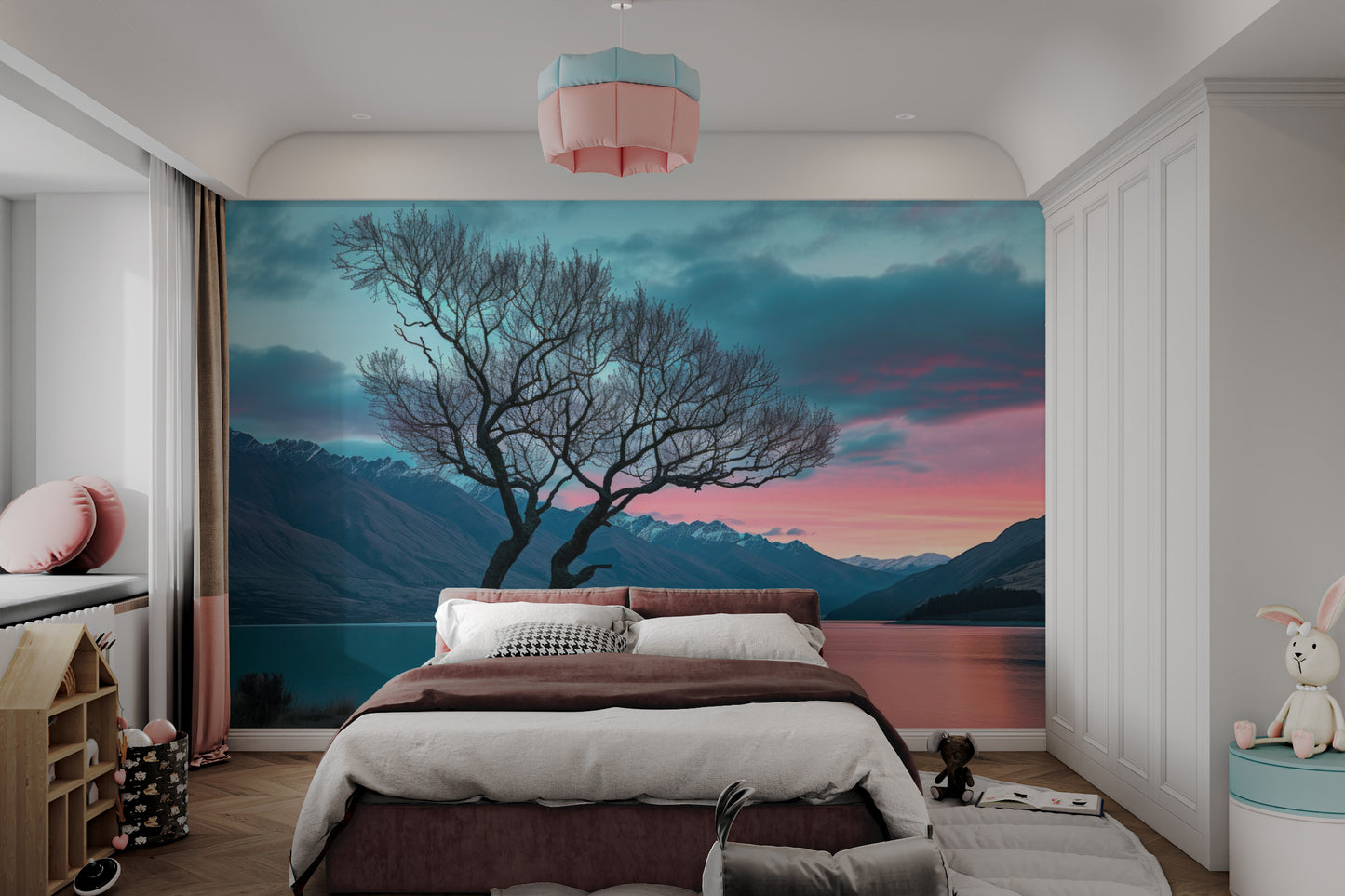 Twilight over water mural with glowing colors
