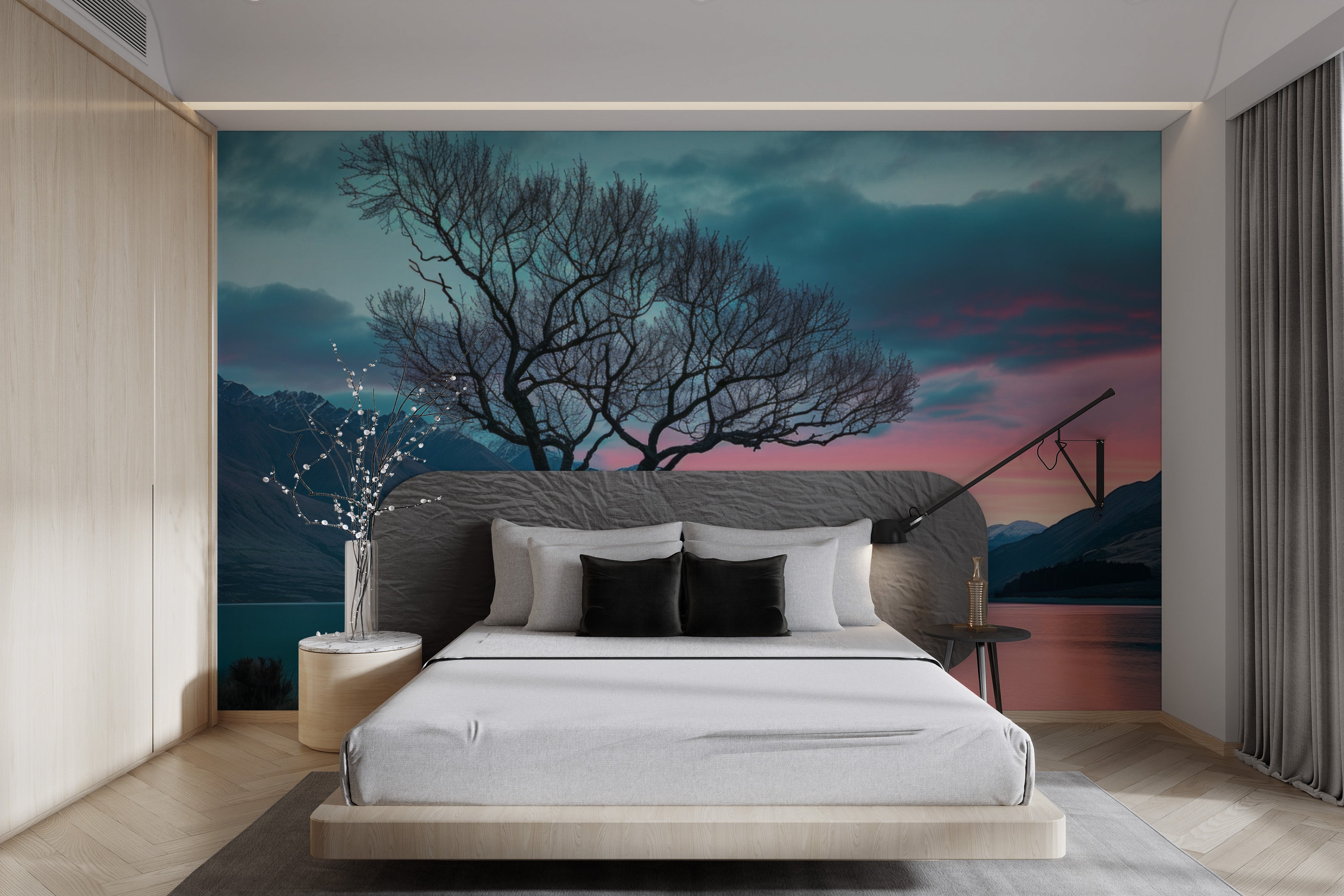 Serene mountain reflection mural at dusk
