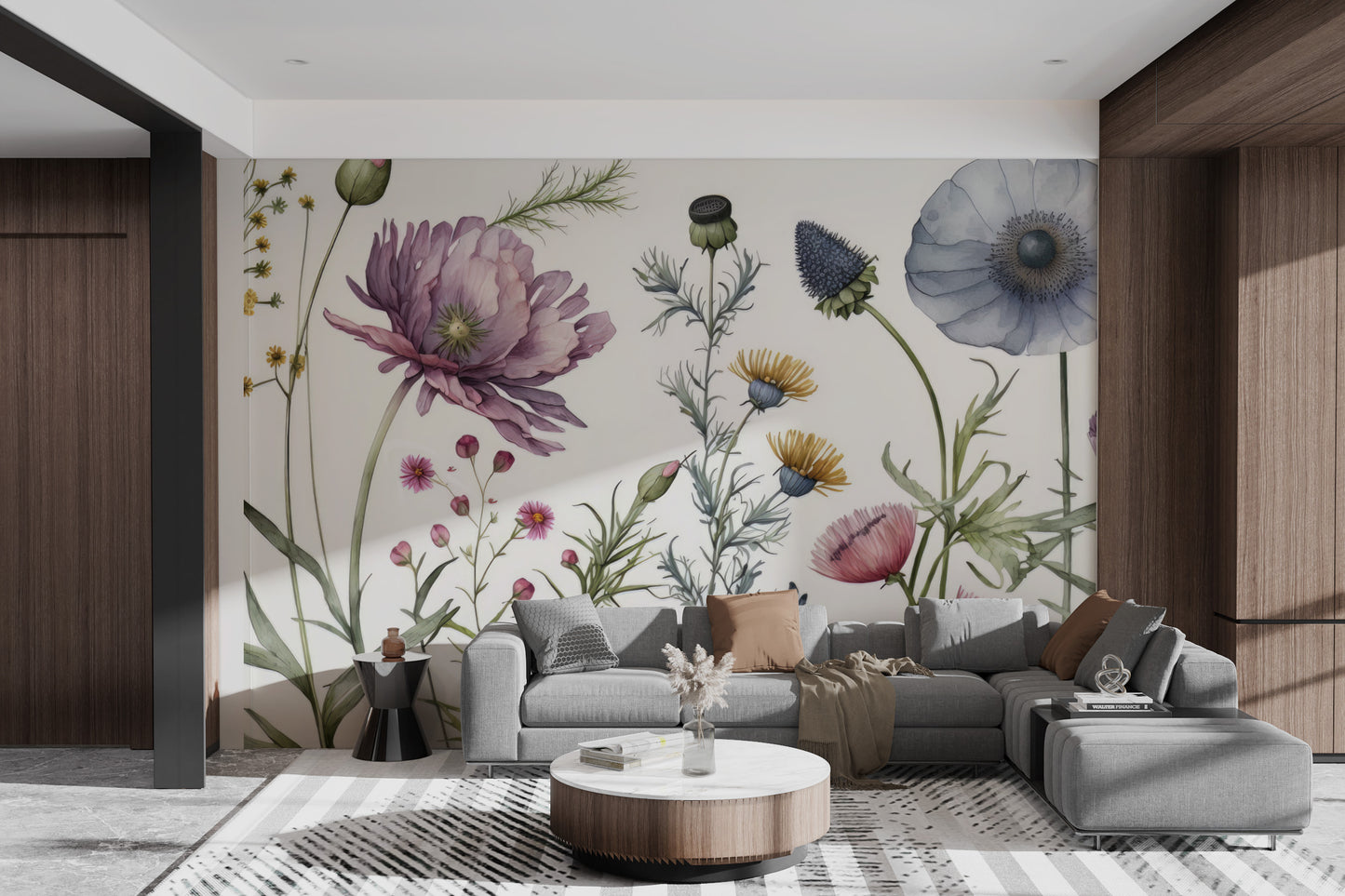 Watercolor wildflower wallpaper with soft pastel hues
