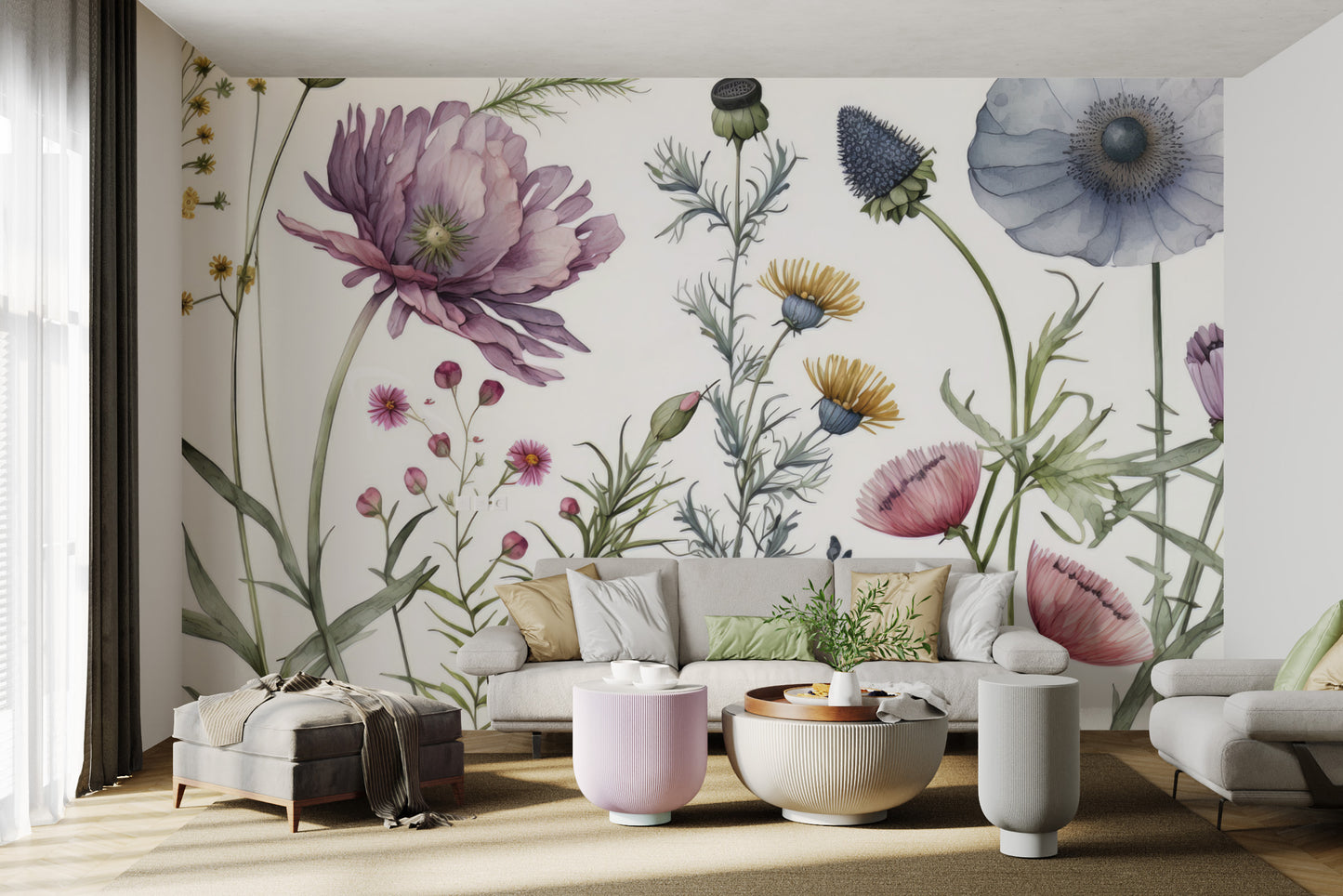 Botanical floral wall mural with delicate flowers
