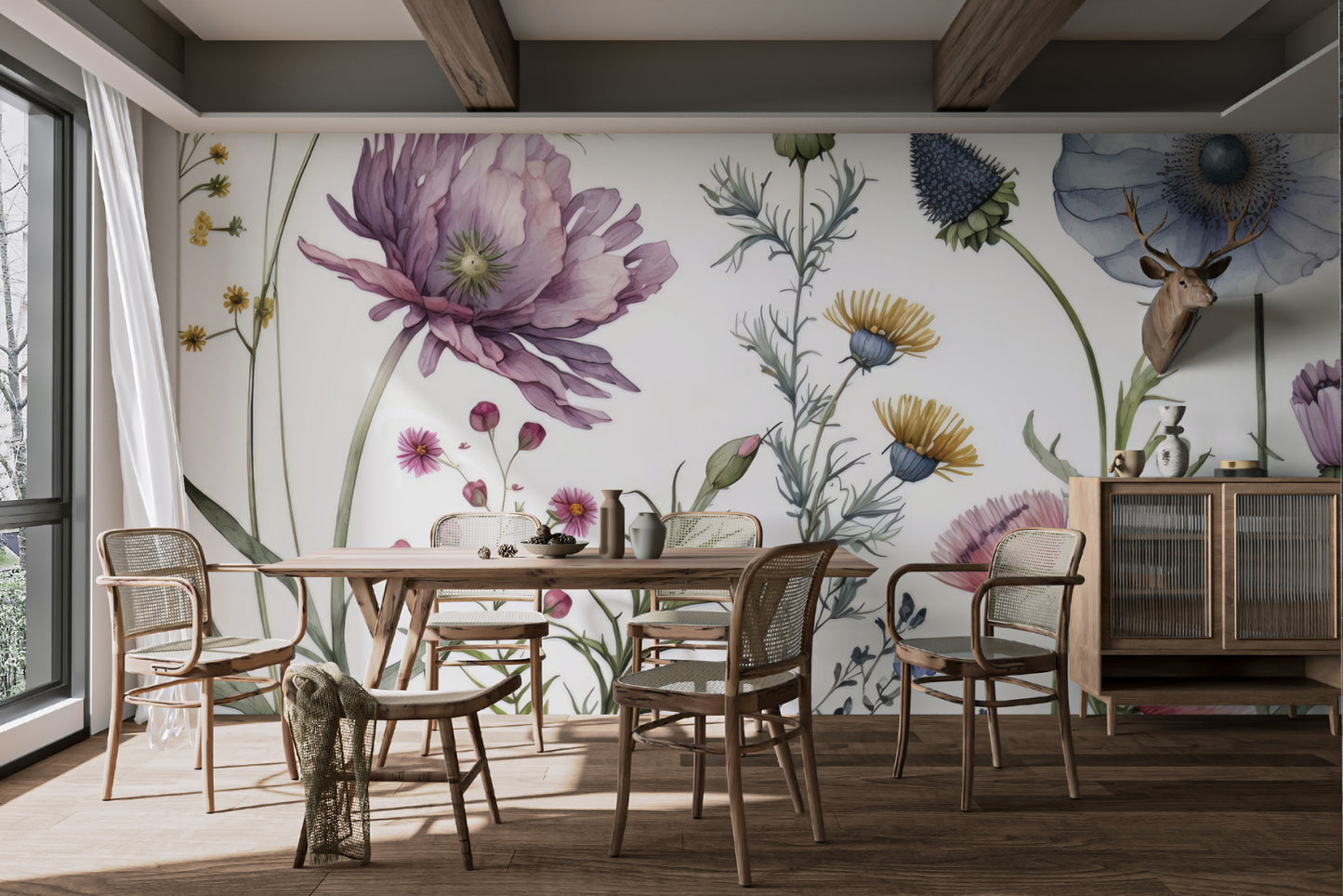 Elegant botanical flower mural with muted tones
