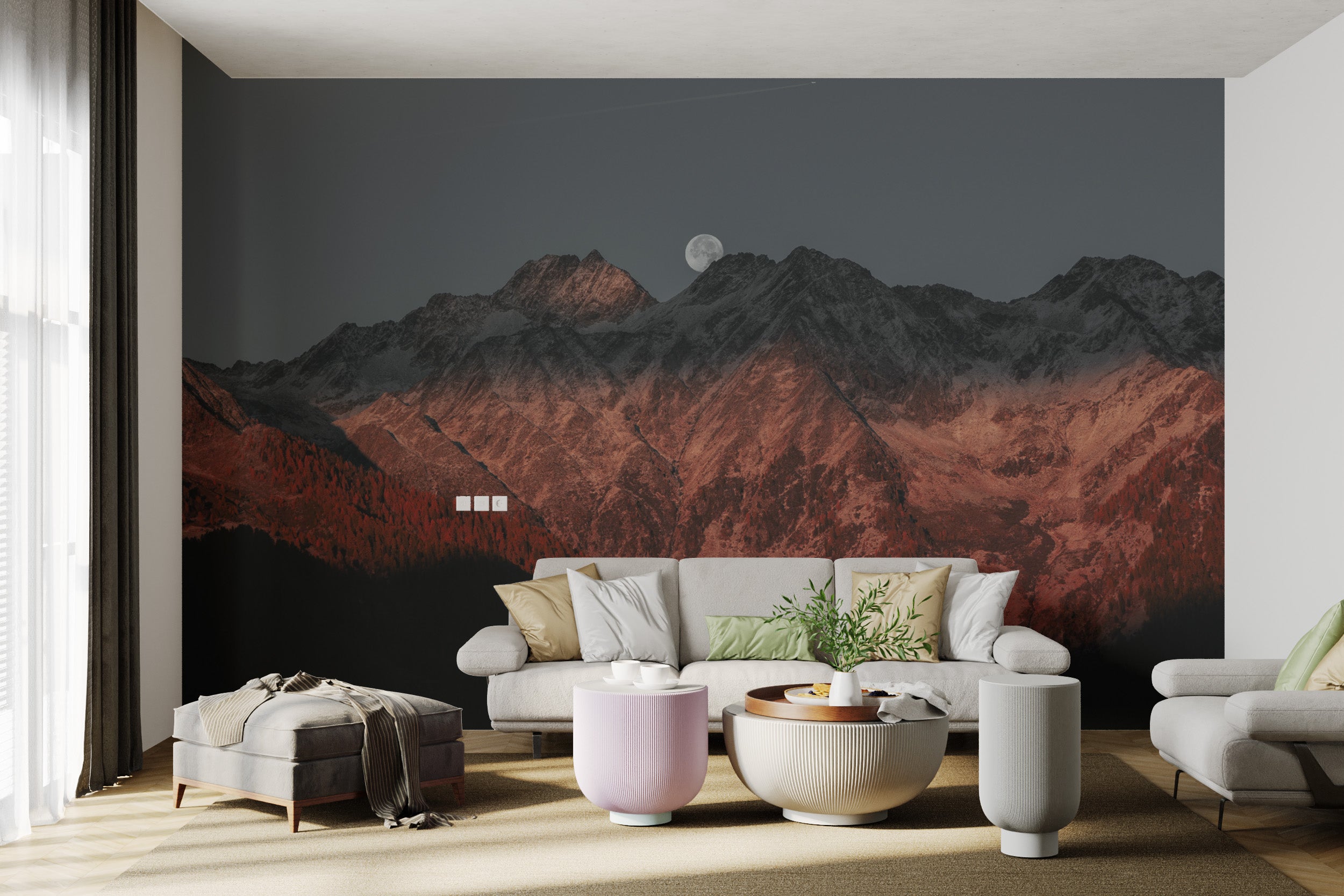 Lunar horizon landscape mural with deep shadows
