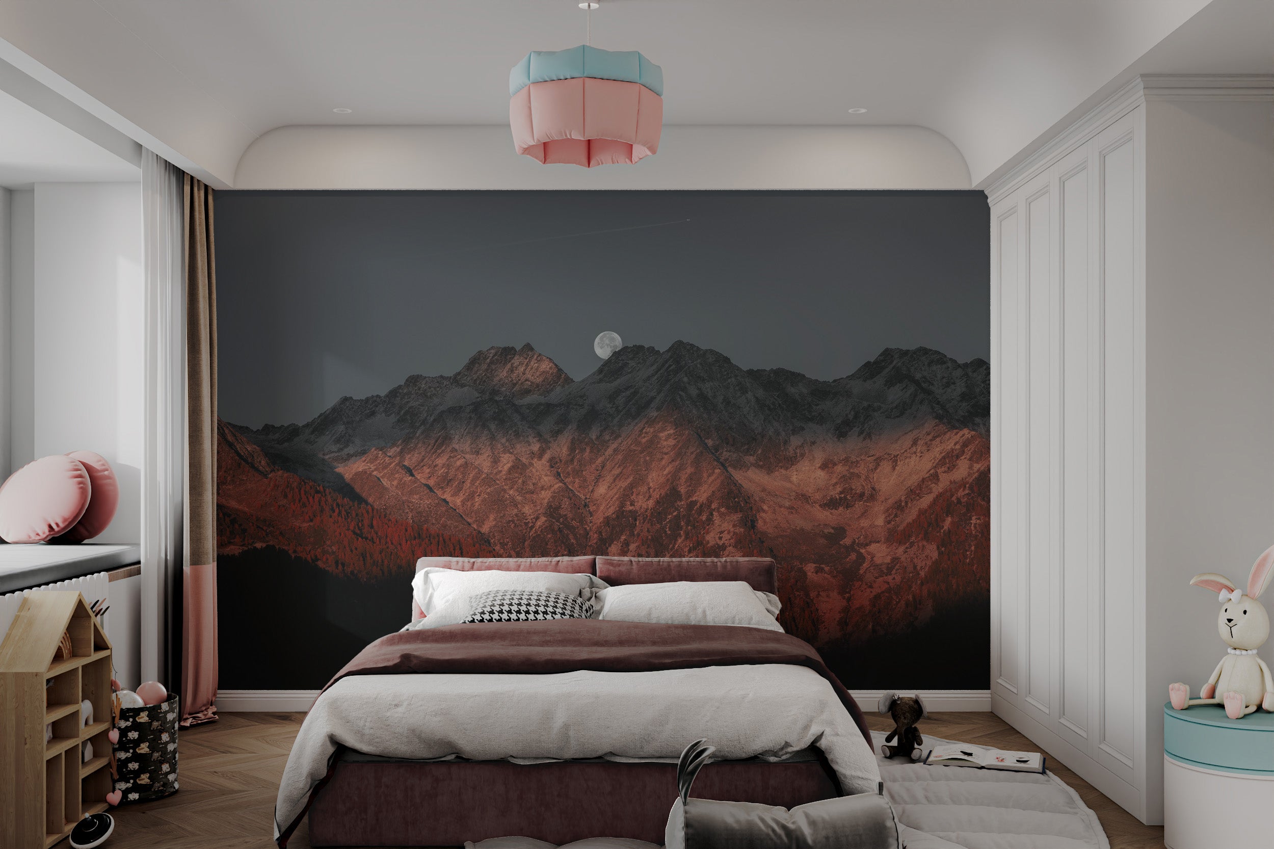 Serene alpine glow mural with cosmic details
