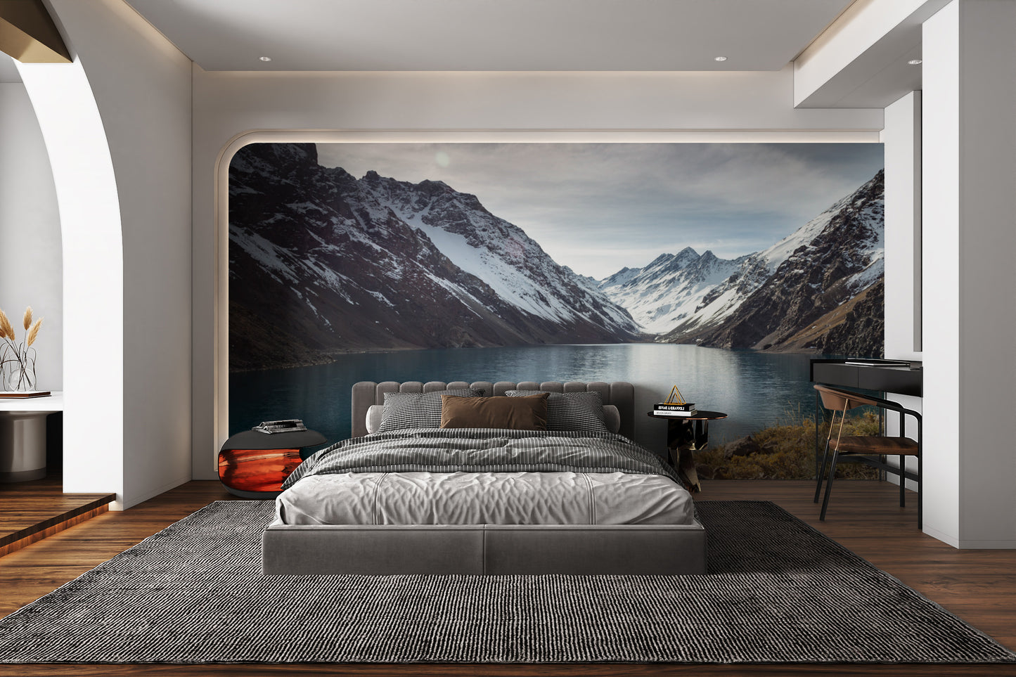 Scenic winter mountain lake wall covering
