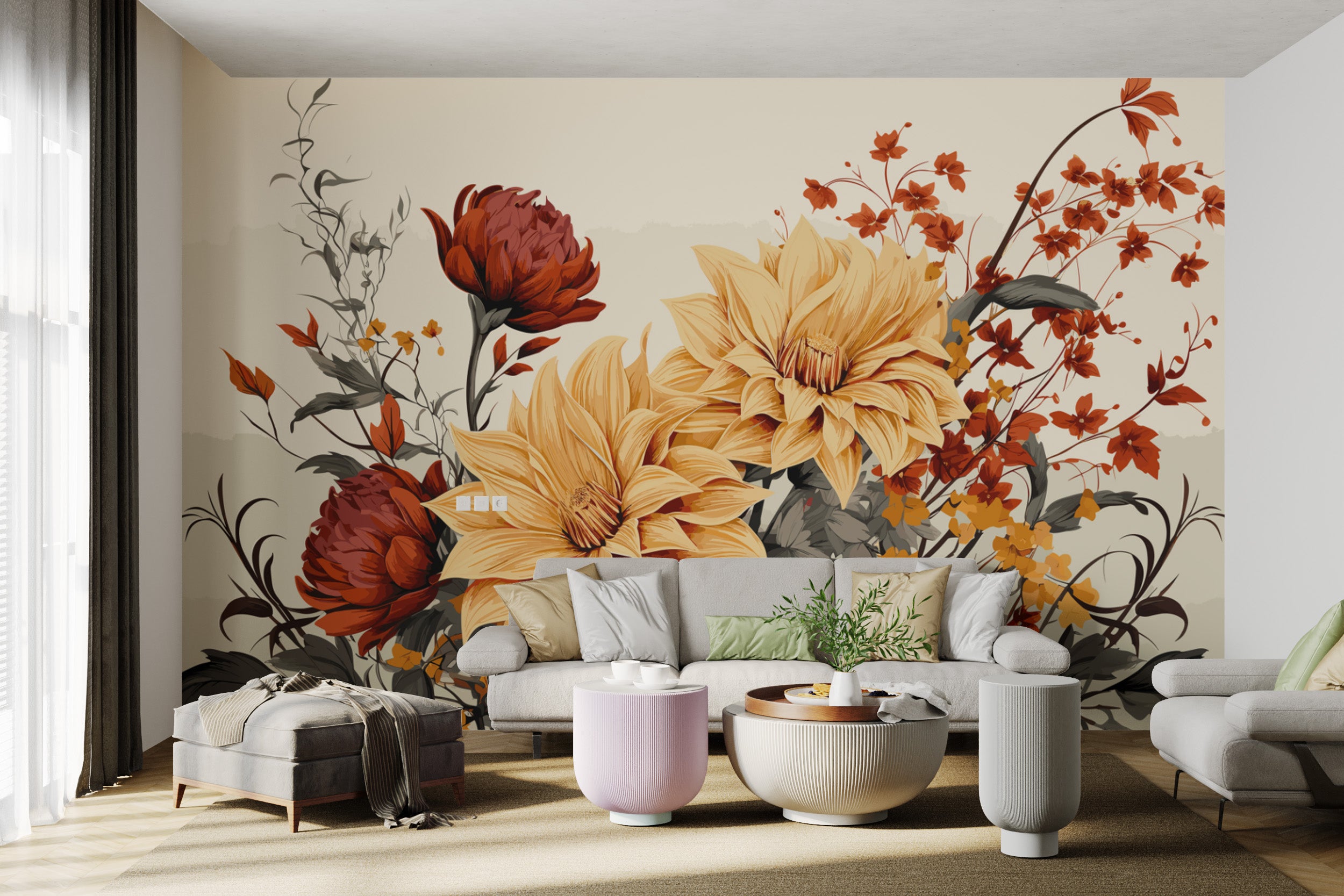 Elegant flower wall print featuring detailed dahlia design
