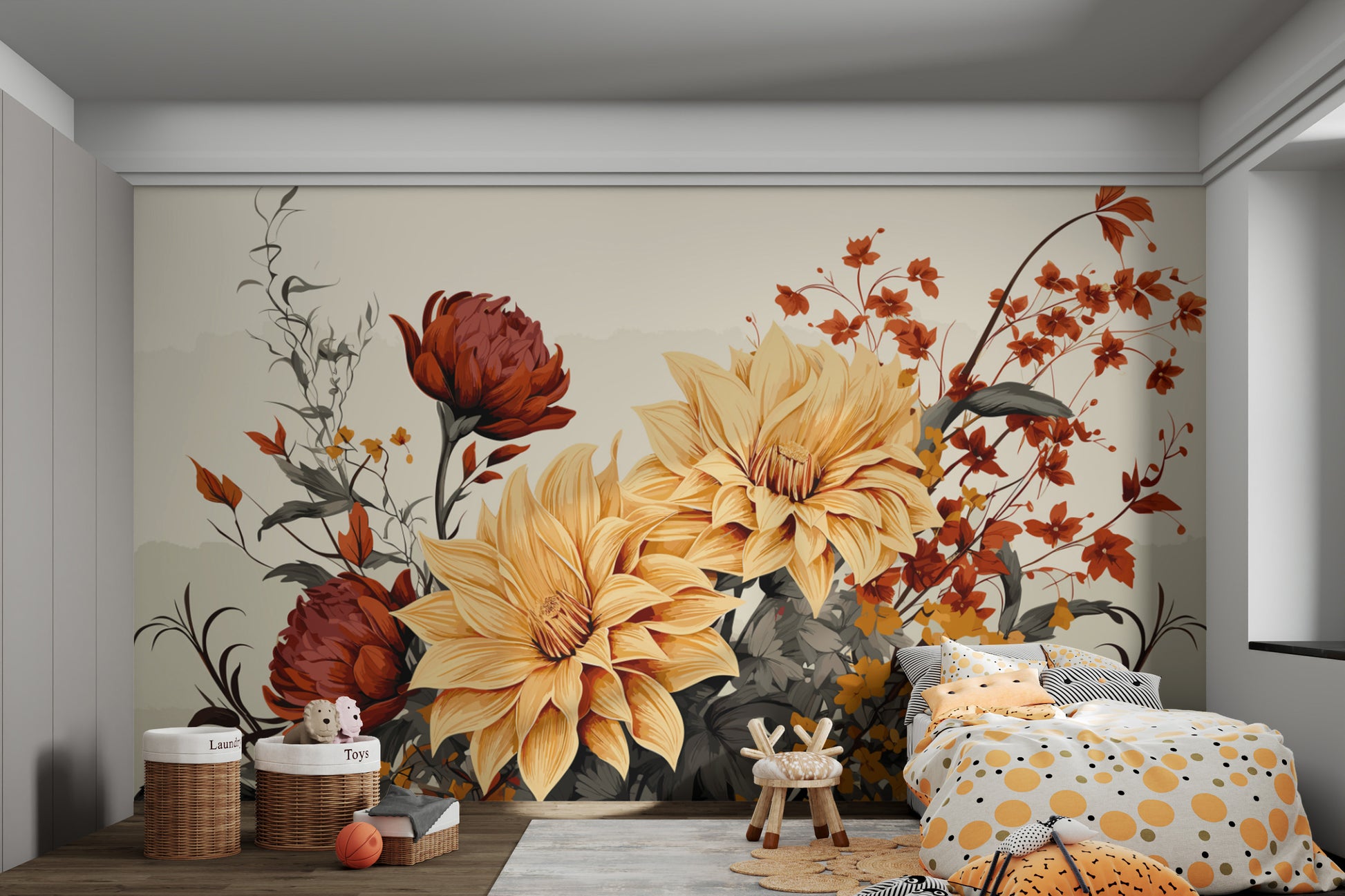 Botanical floral wallpaper with beige and red hues
