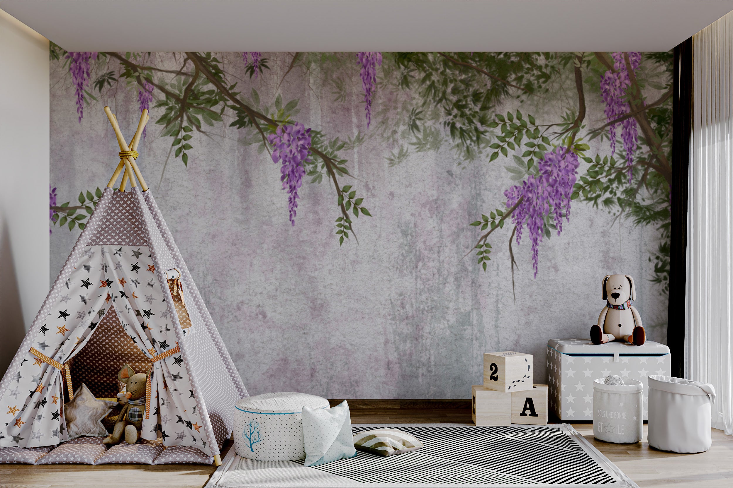 Rustic botanical wallpaper with purple blooms
