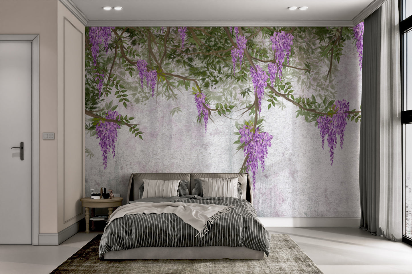 Soft pastel wall mural with lavender wisteria
