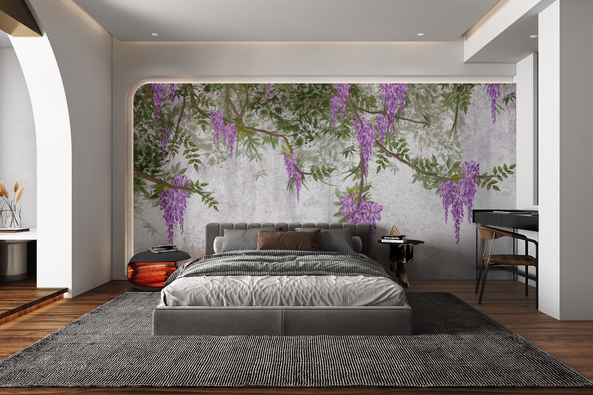 Purple hanging flower wallpaper with lush greenery
