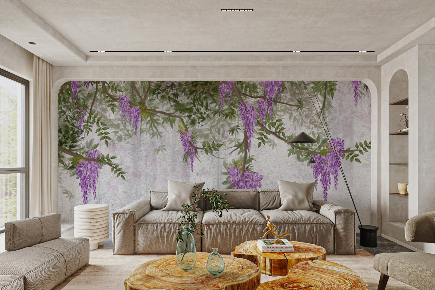 Botanical wall mural with hanging wisteria flowers
