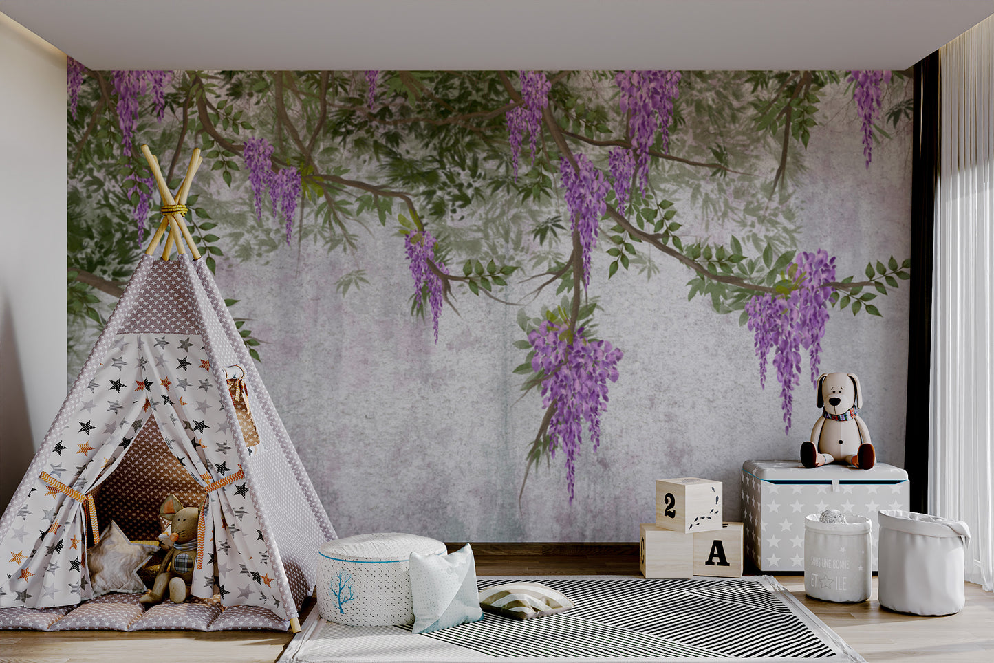 Elegant wisteria vine wallpaper with watercolor effect
