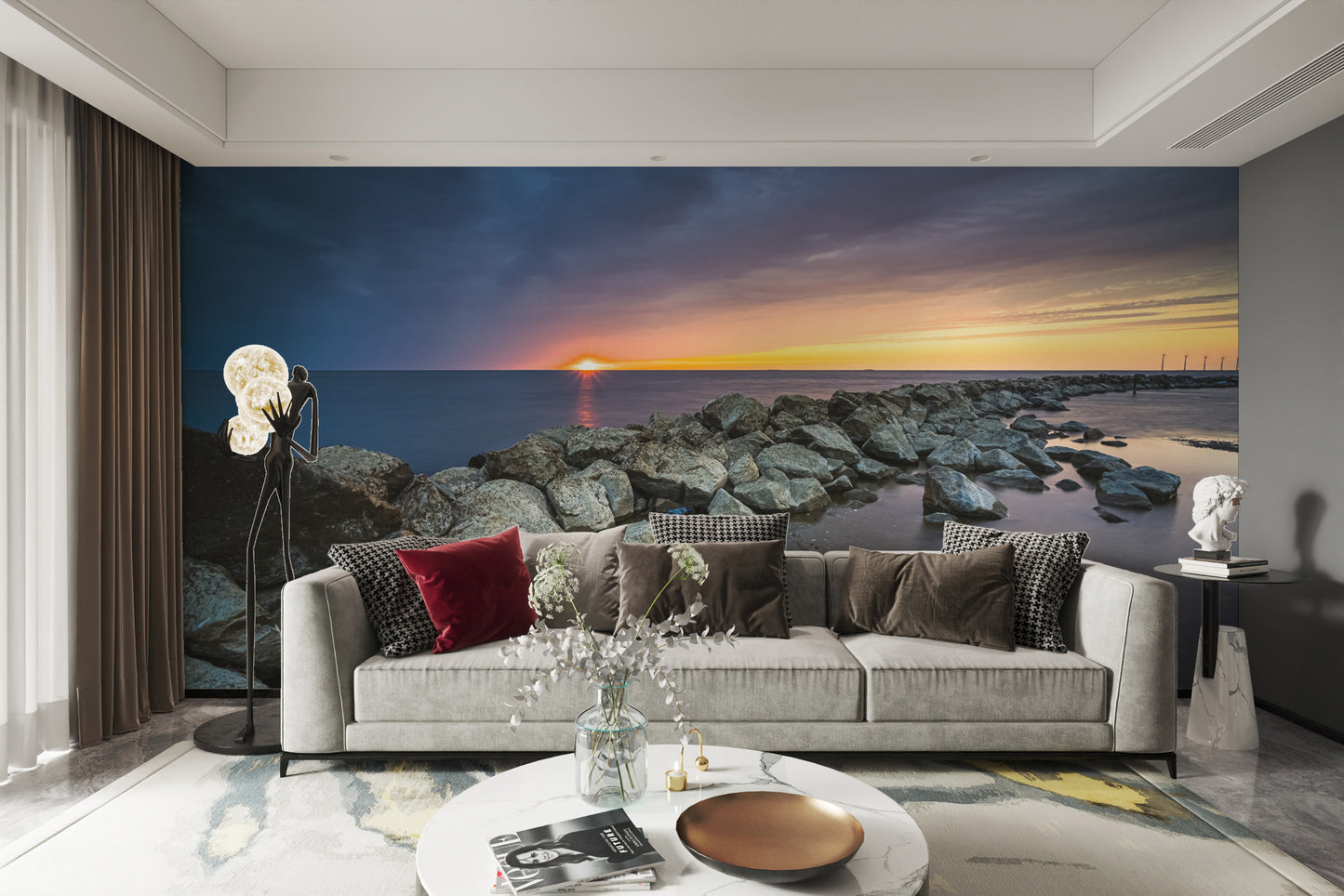 Coastal sunset wall mural with golden glow
