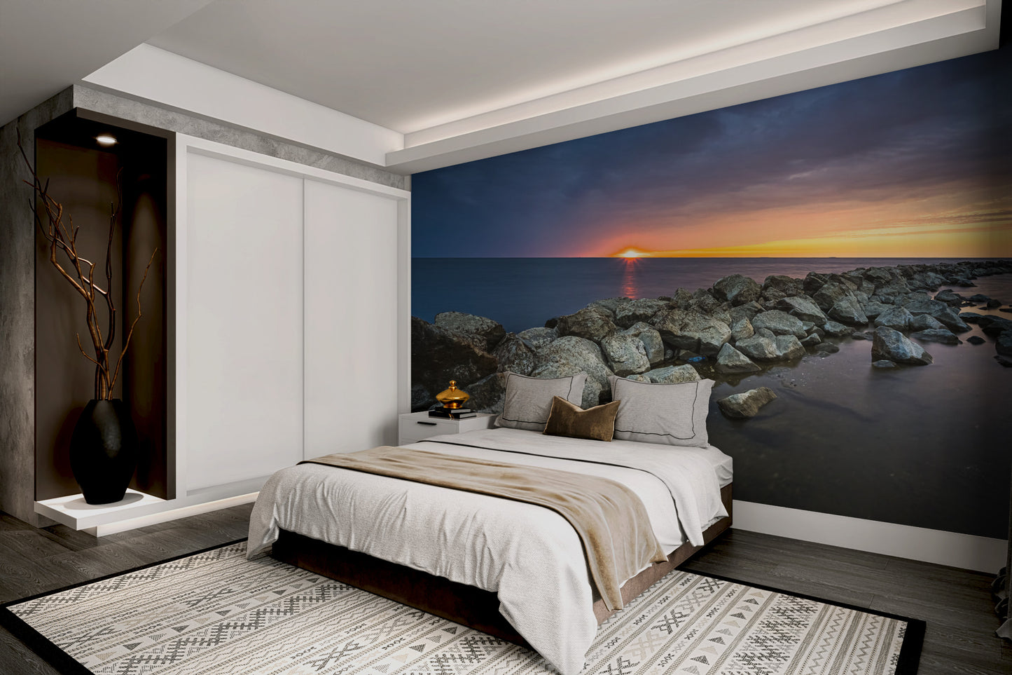 Calm sea horizon mural with rocky shoreline
