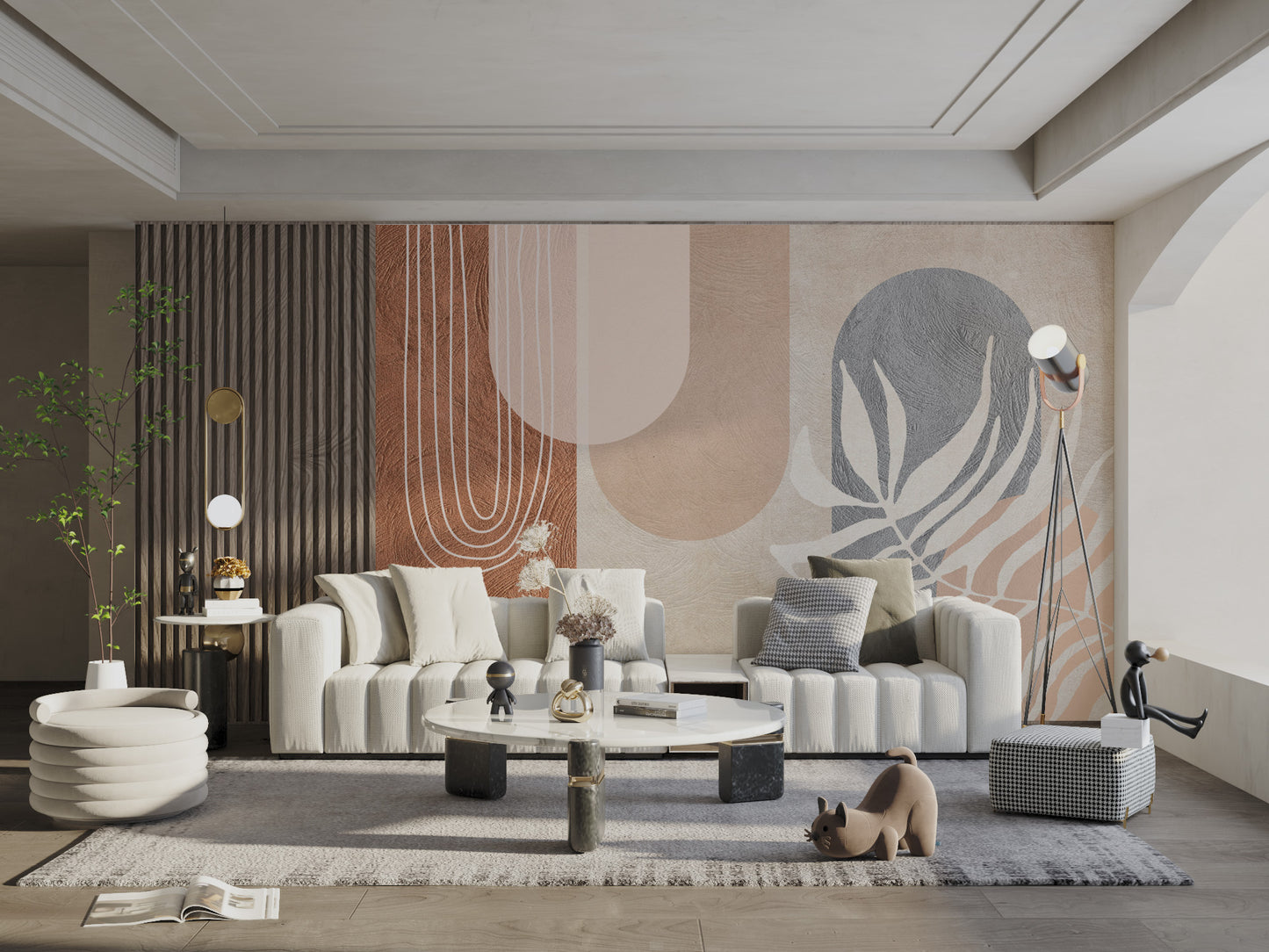 Neutral tone wall design with artistic texture
