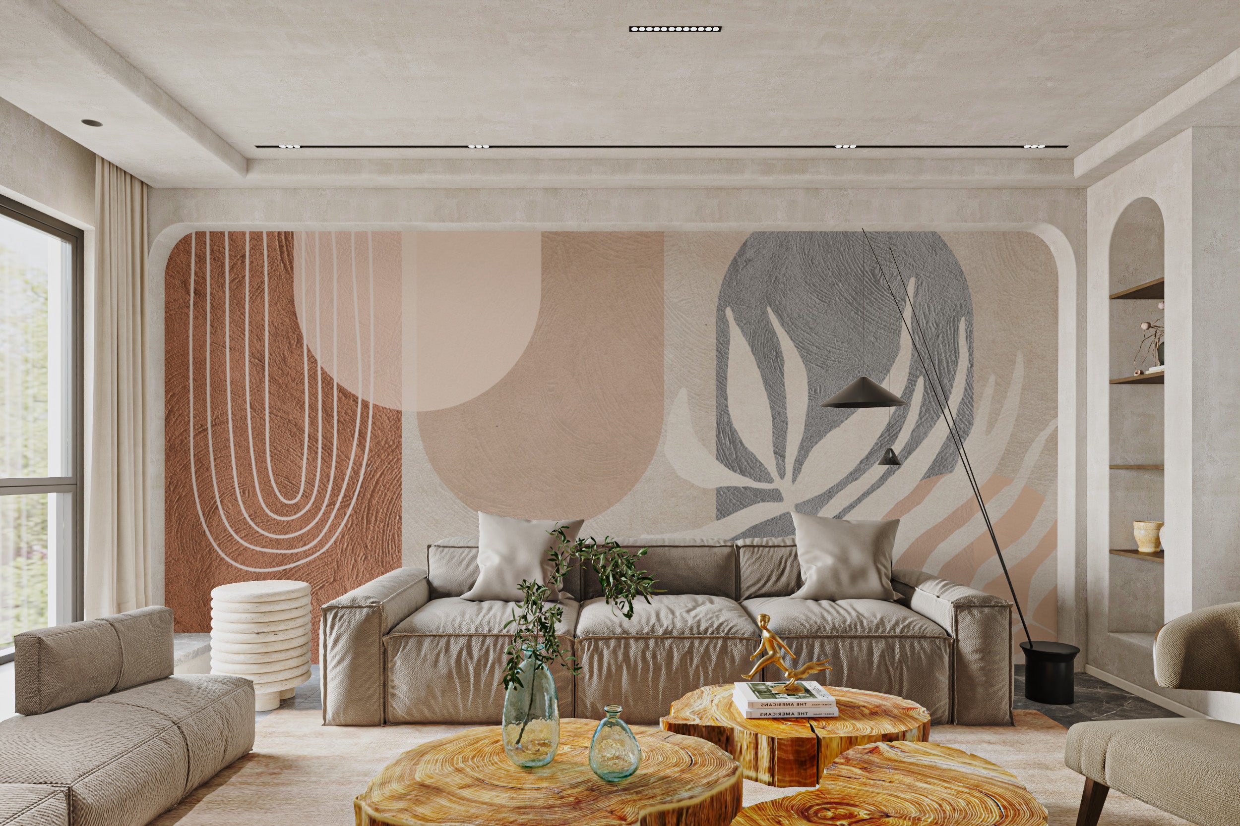 Organic shapes wall mural with layered composition
