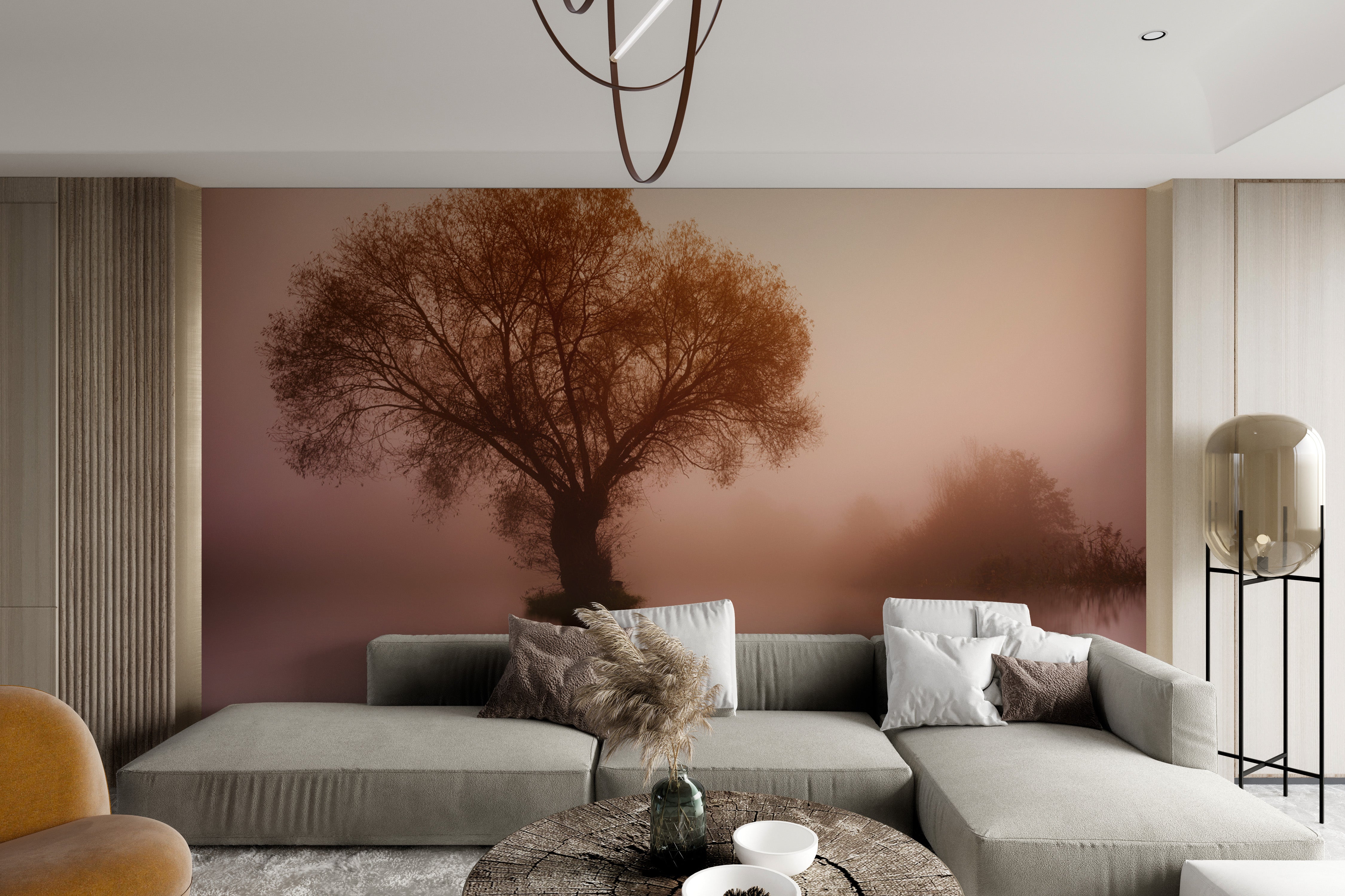 Solitary tree wall mural with calm water reflection
