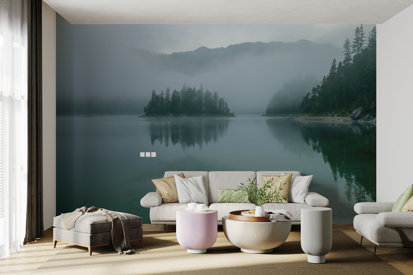 Misty mountain lake wallpaper with calm reflections
