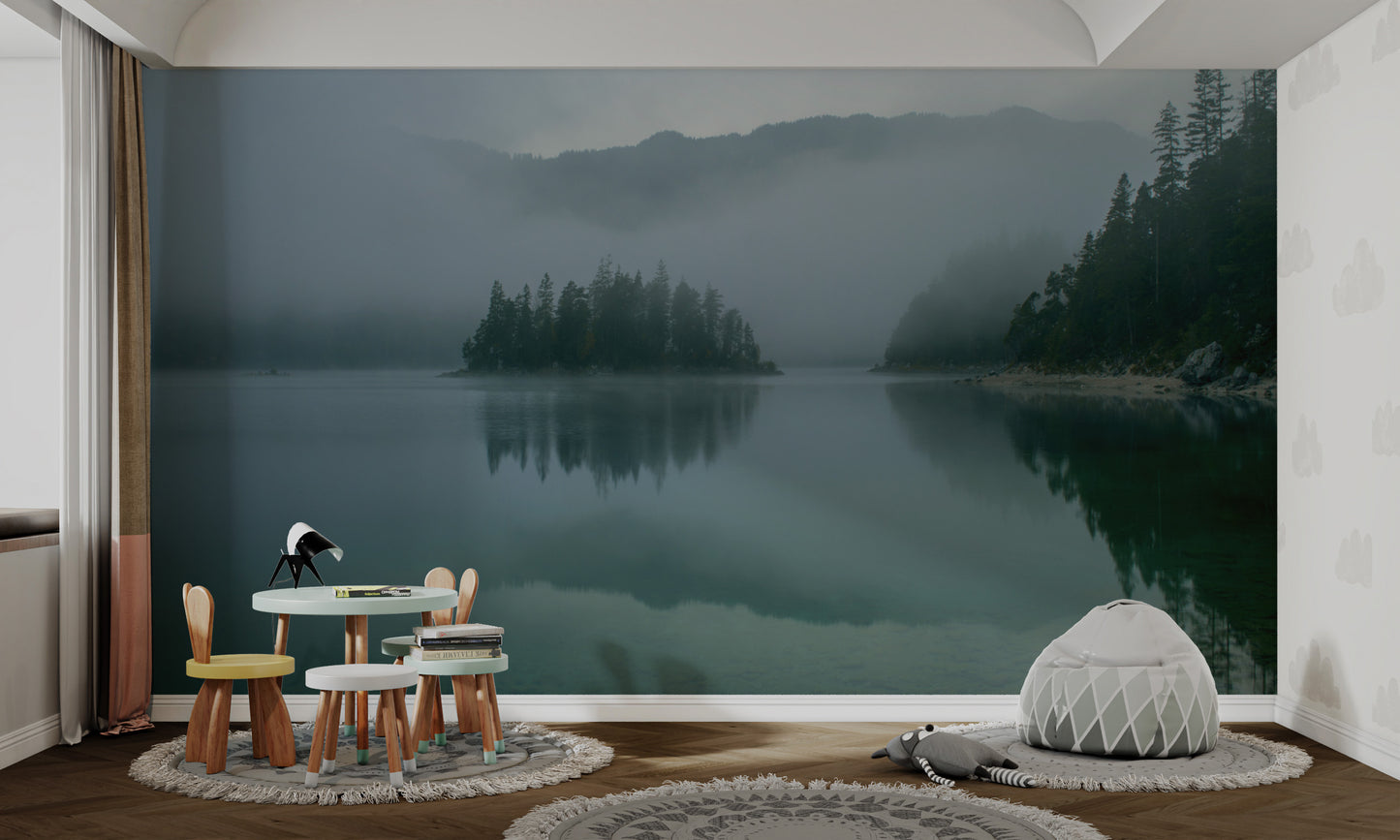 Tranquil nature wall mural with soft mist
