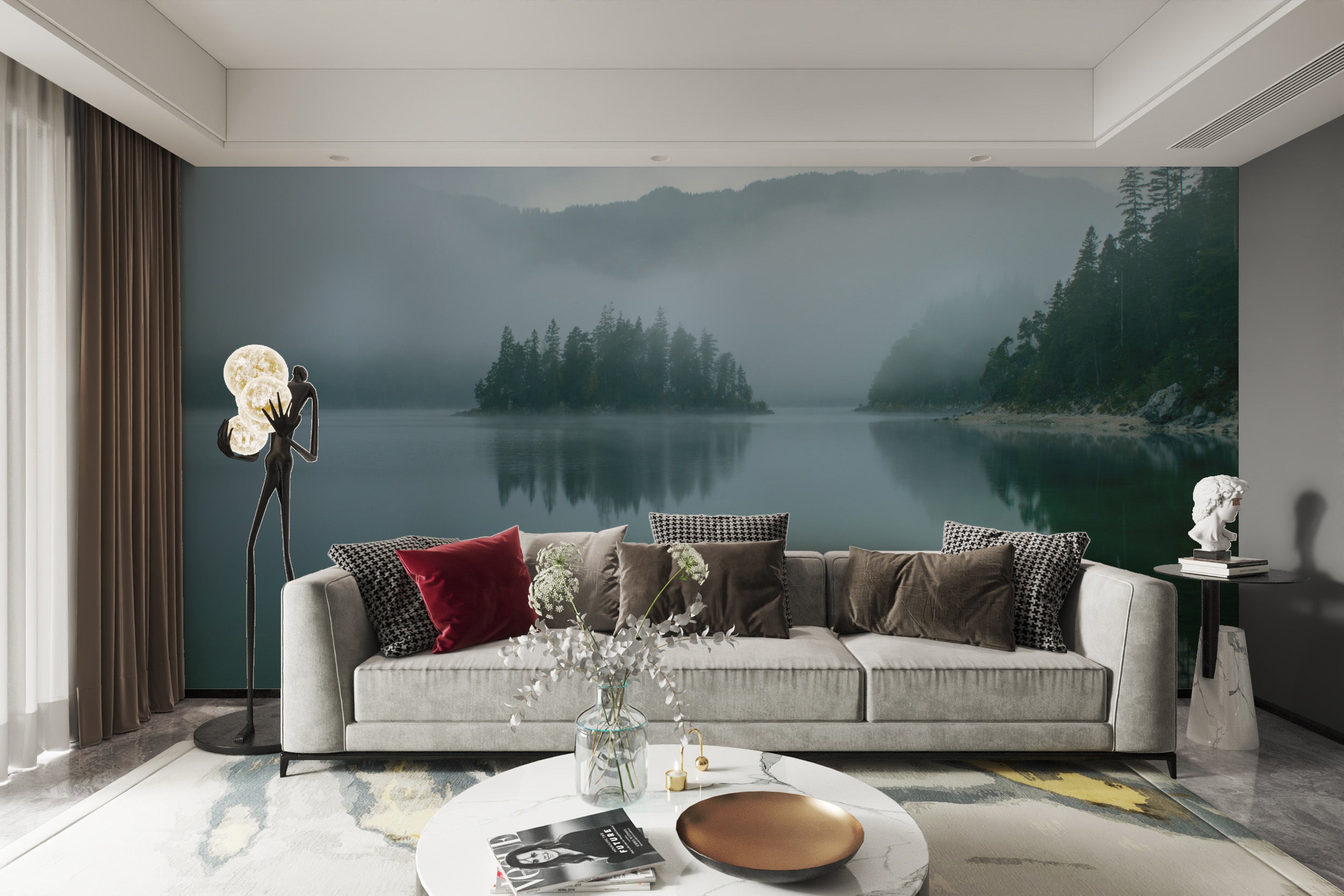 Dreamy misty forest mural for peaceful spaces
