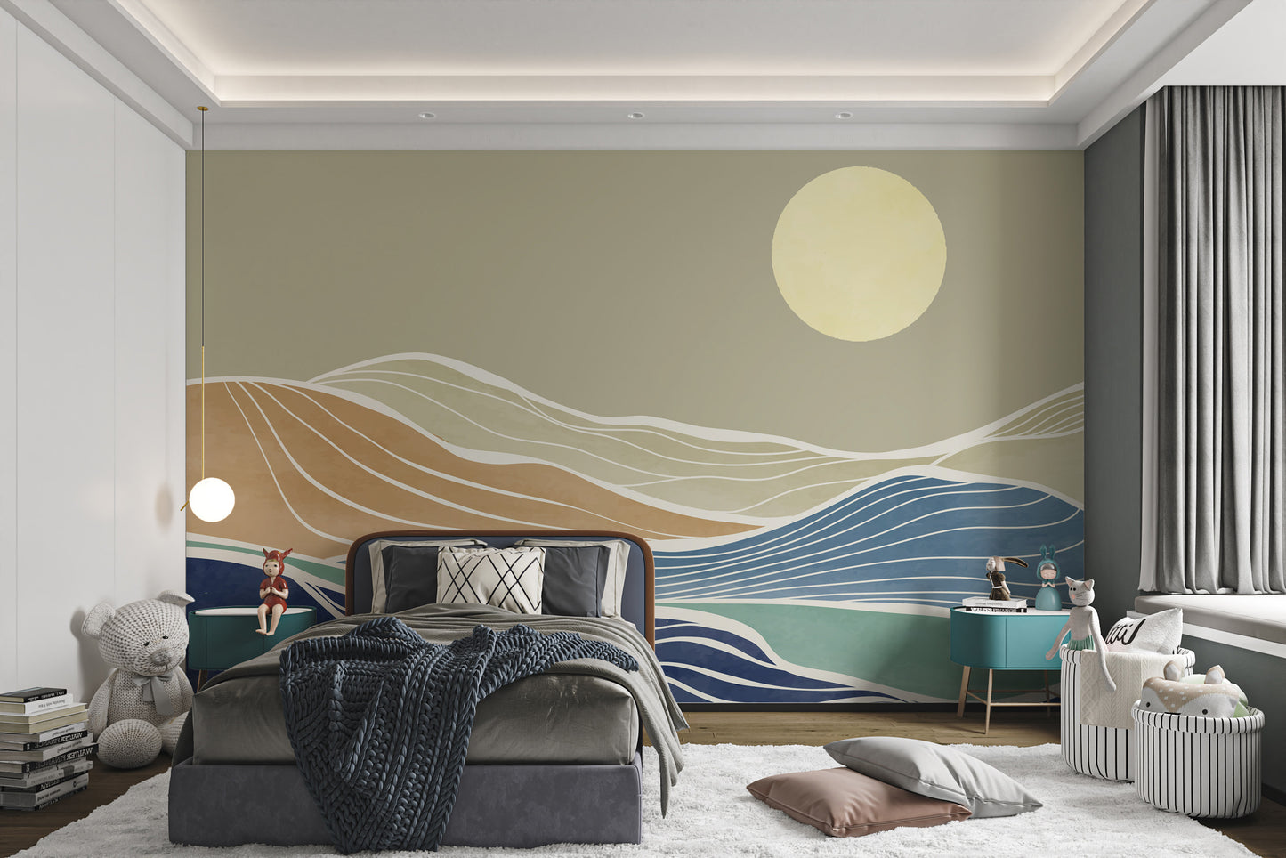 Modern nature wall mural with muted earth tones
