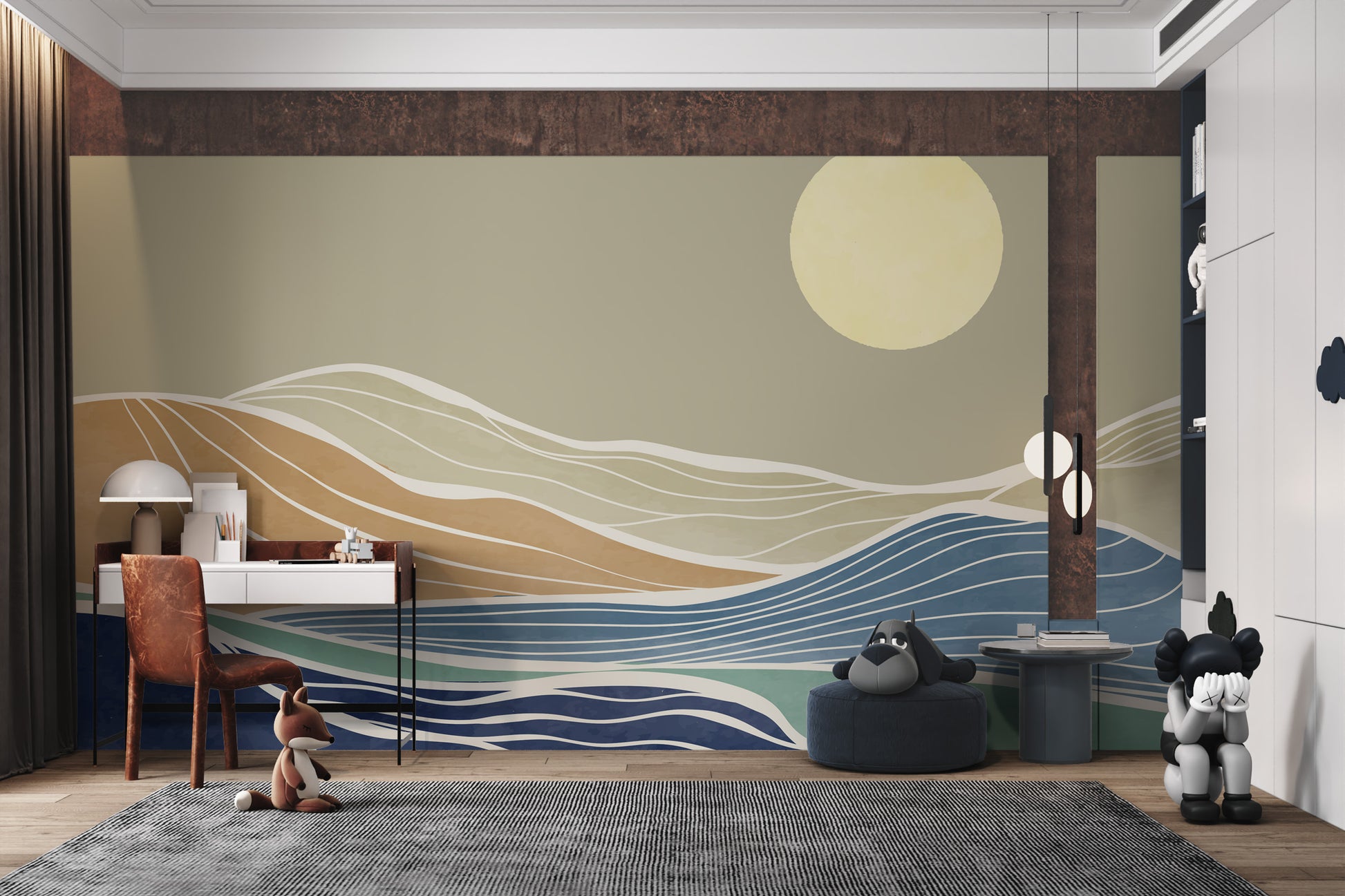 Bohemian mountain wall mural with artistic waves
