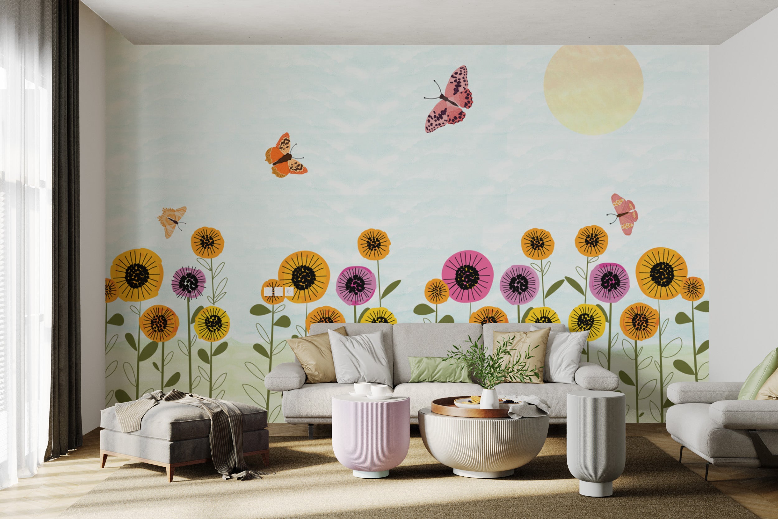 Playful garden wallpaper with butterflies and blooms
