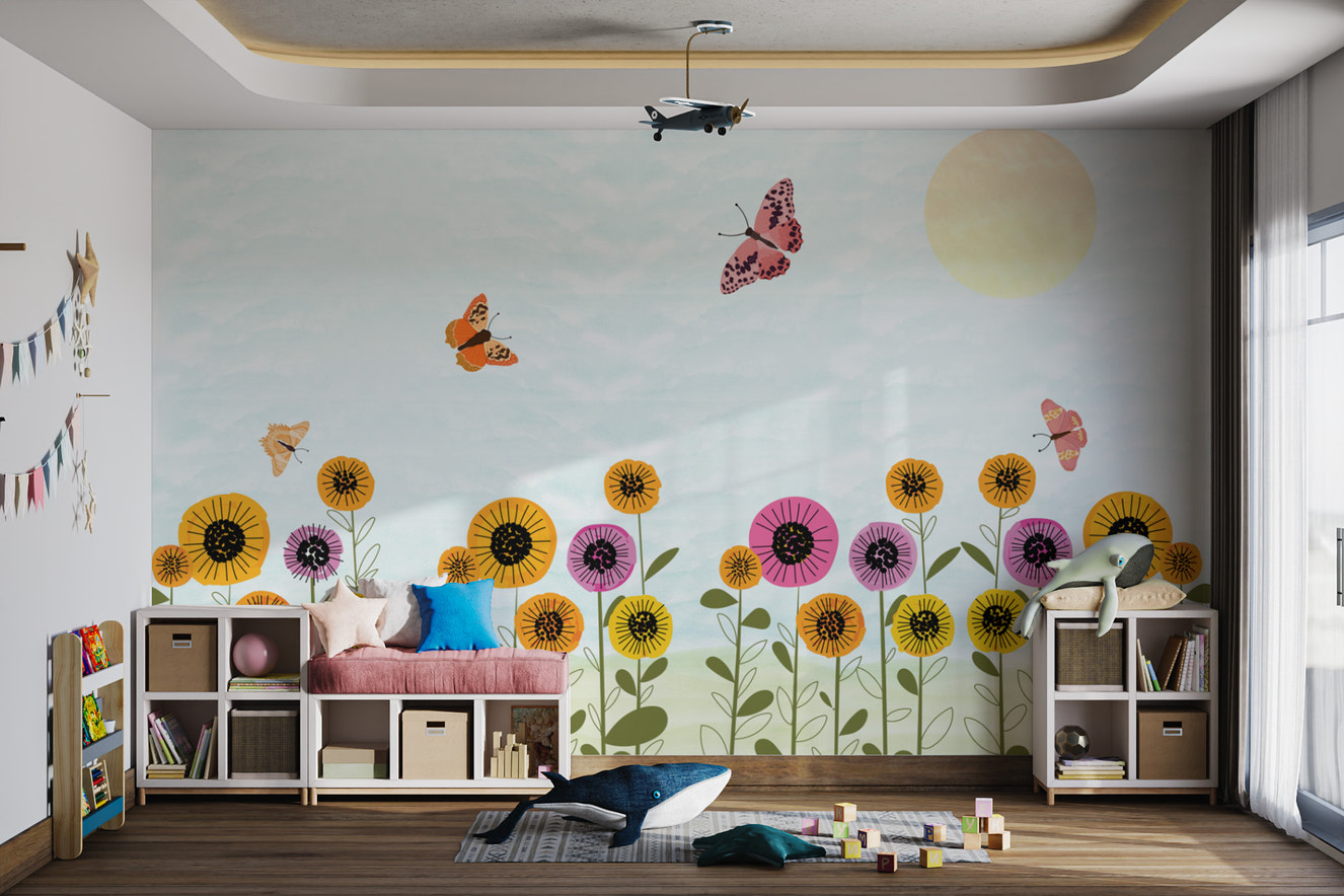 Whimsical butterfly floral wallpaper with soft colors
